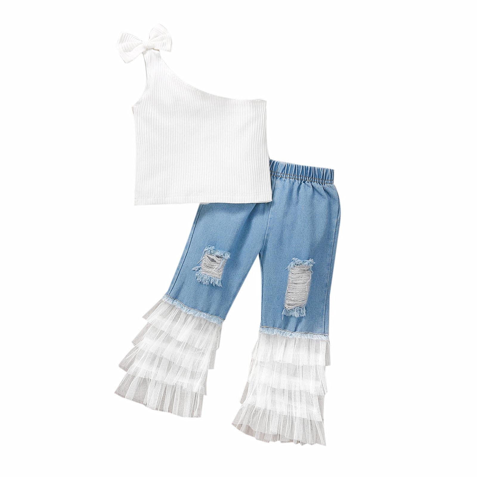 Baby Girls Summer Outfits - Bowknot Single Shoulder Suspender Vest & Mesh Denim Pants Set | Cute Toddler Clothes for Playdates & Outdoor Activities