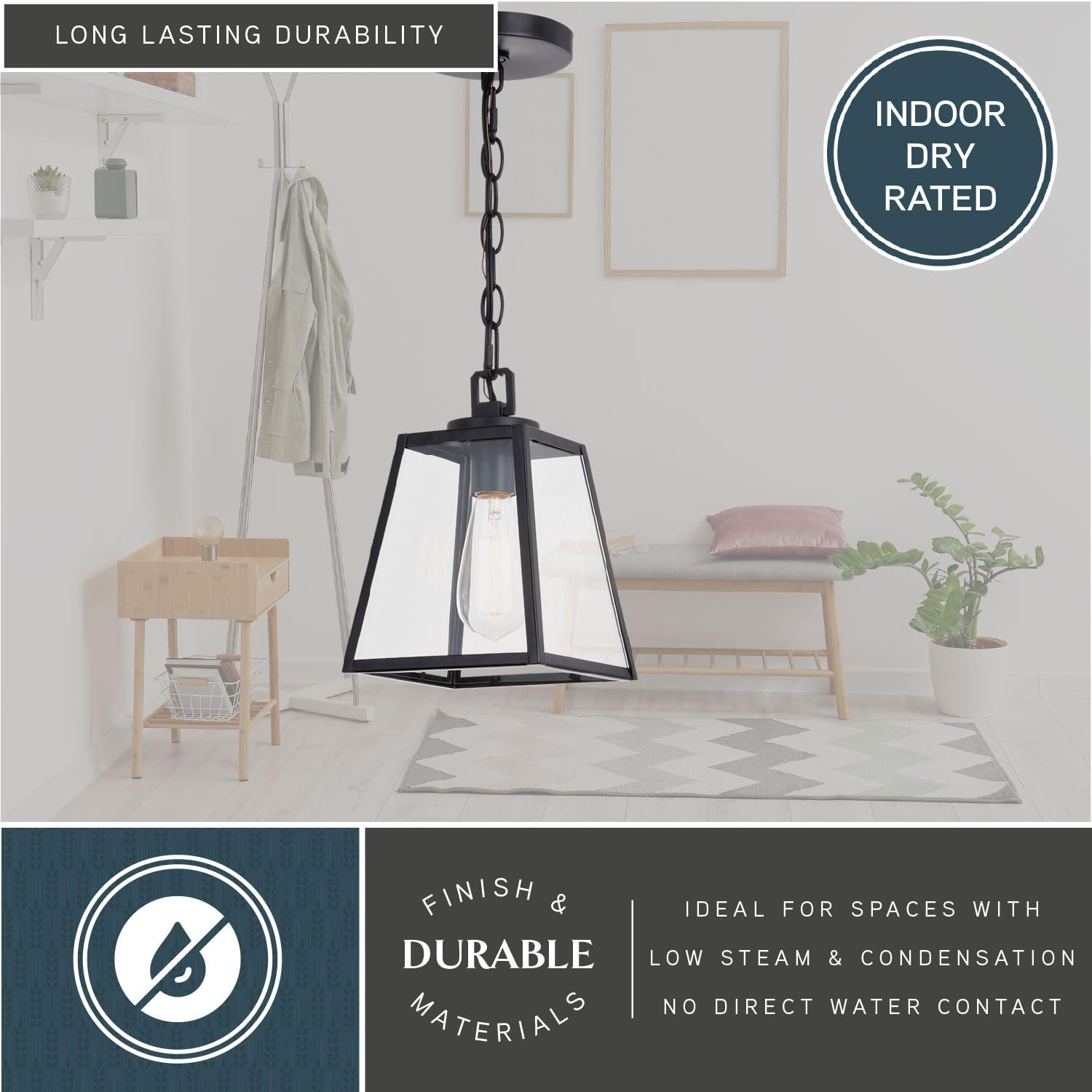 VAXCEL Grant 7-inch Black Farmhouse Mini Pendant Lantern - Indoor/Outdoor Hanging Ceiling Light with Clear Glass Panels - Perfect for Kitchen Island, Dining Room, Porch & Patio Lighting
