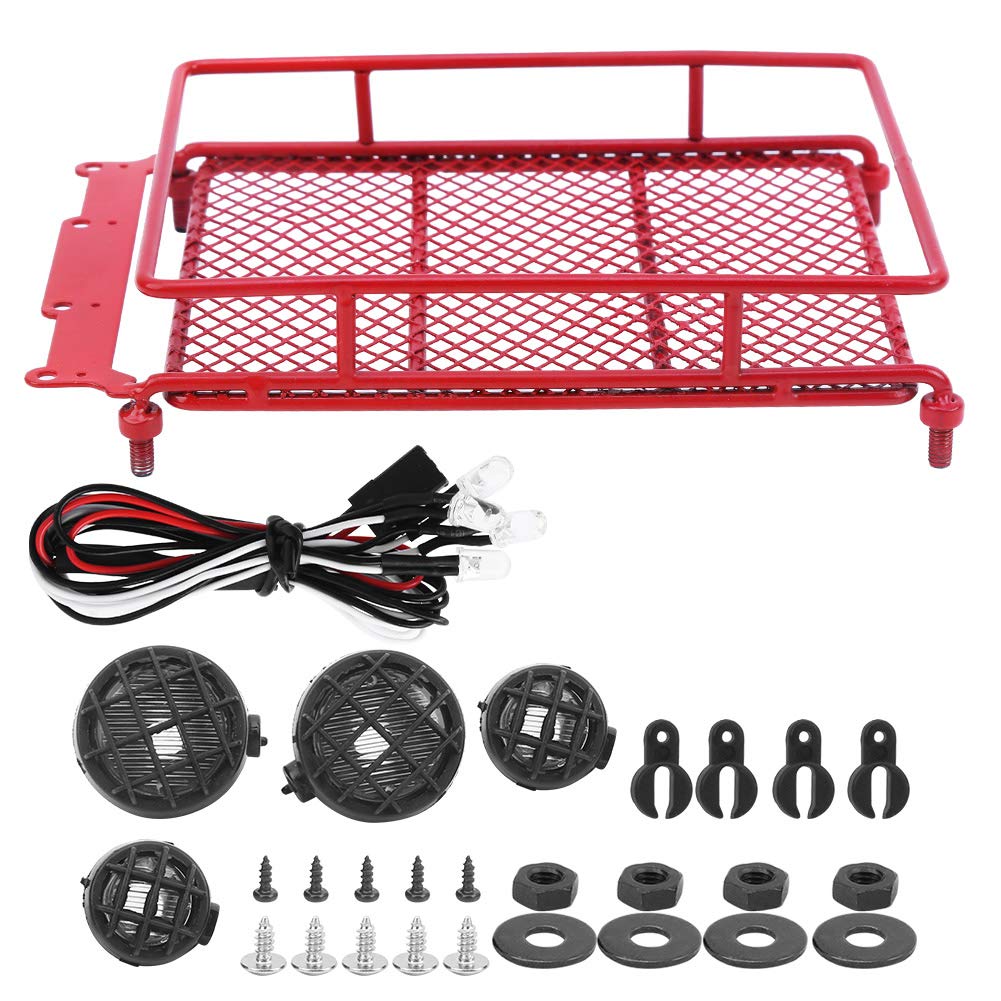 1/10 Scale RC Car Roof Rack with Remote Control & LED Spotlights - Heavy Duty Carrier Tray Accessory for Crawler Trucks (Red) | Perfect for Off-Road Adventures & RC Car Upgrades