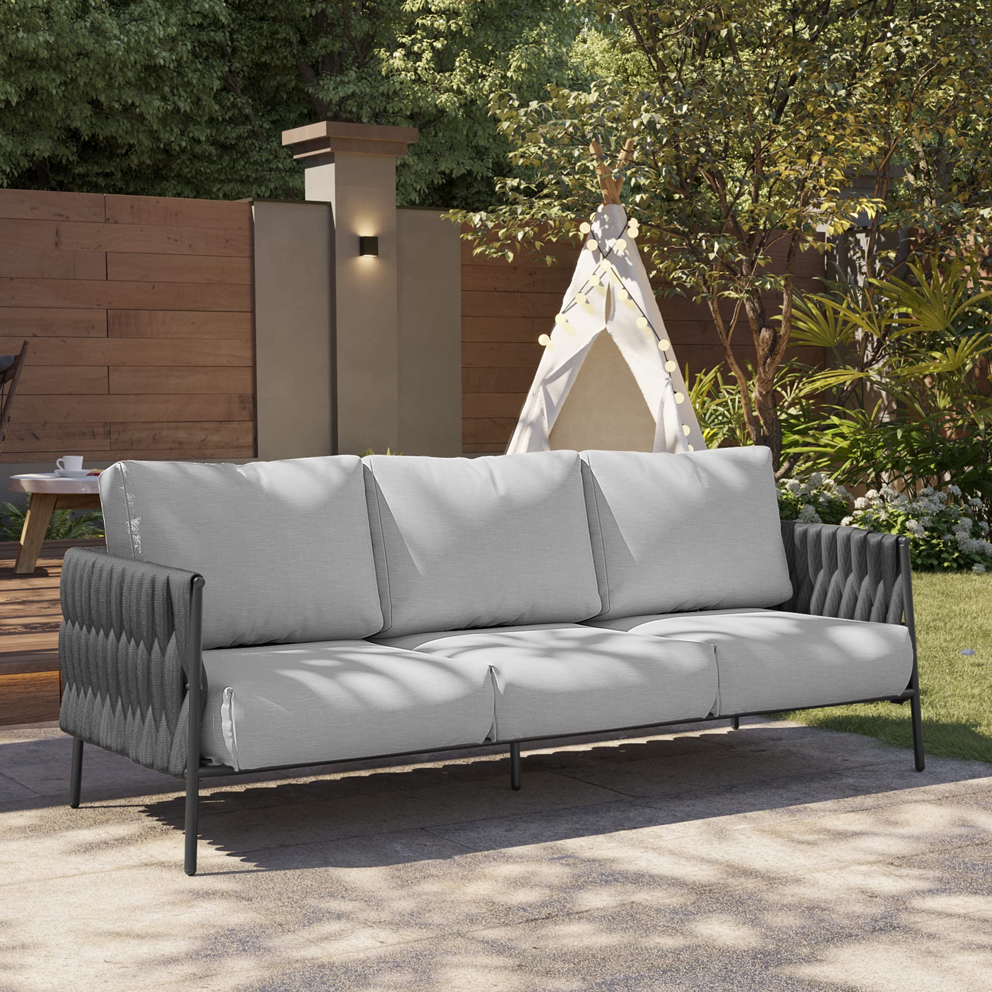 EAST OAK Life Chatter 3-Seater Outdoor Sofa Set with Waterproof Thick Cushions - Modern Patio Furniture for Garden, Porch, Backyard - Earth Black & Misty Grey - Perfect for Lounging, Entertaining, and Relaxing Outdoors