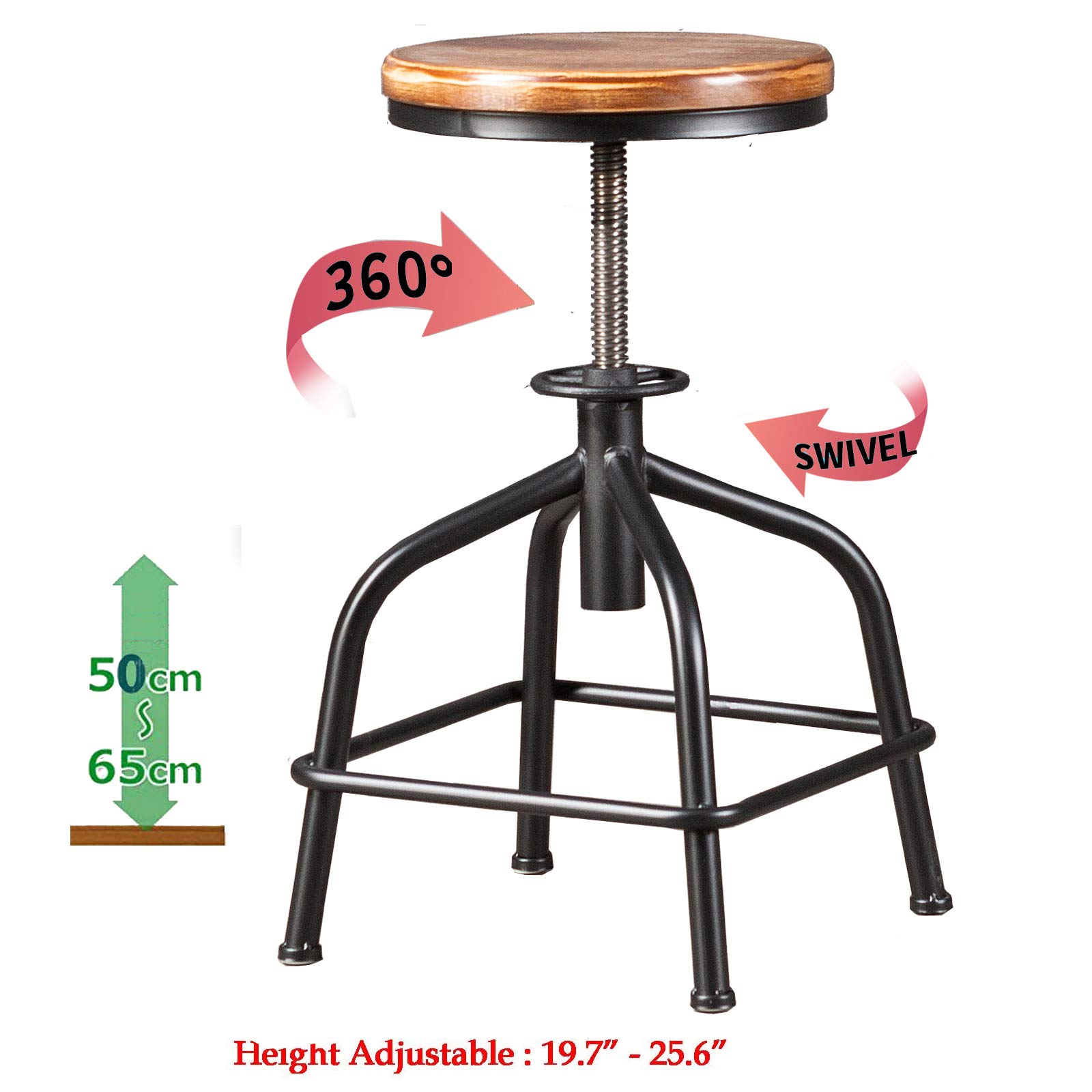 Topower Farmhouse Kitchen Stool Set of 2 - Adjustable Height Industrial Counter Stool with Swivel Base, Black Wooden Seat for Bar, Kitchen Island & Dining Room Decor