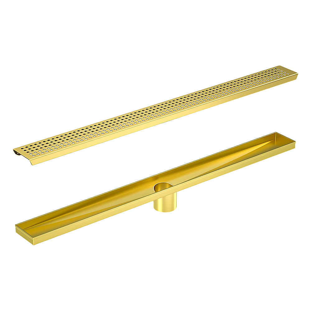 1200mm Brushed Brass Shower Drain Grate with Center Outlet - Square Pattern Floor Waste for Bathroom & Wet Room - Durable & Stylish Drainage Solution for Showers, Baths, and Wet Areas