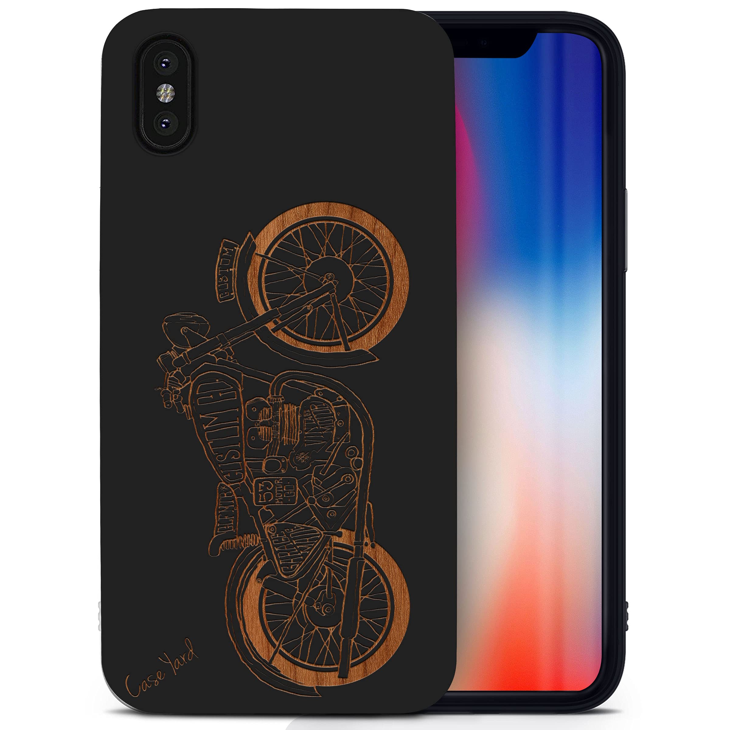 Wooden iPhone X Case - Vintage Motorcycle Laser Engraved Design | Shockproof Slim Fit Protective Cover for Men & Women | Perfect for Outdoor Adventures & Daily Use