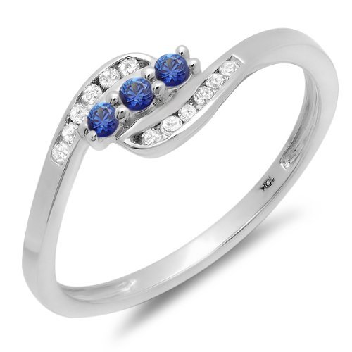 10K Solid White Gold Round Blue Sapphire & Diamond Women's Anniversary Promise Wedding Ring - Elegant Gift for Wife, Engagement, Valentine's Day