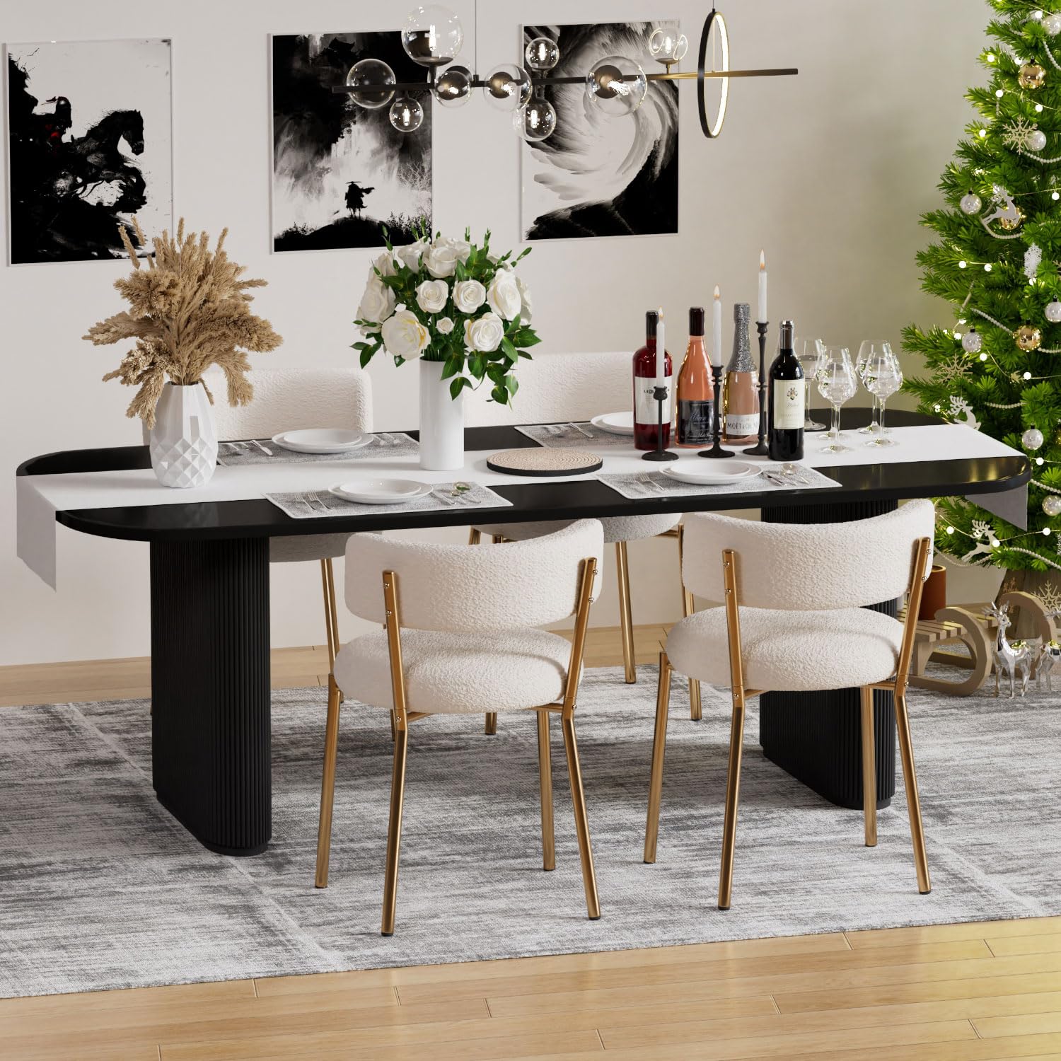 Modern Dining Chairs Set of 4 - Round Upholstered Boucle Sherpa Kitchen Chairs with Curved Backrest & Gold Metal Legs | Mid-Century White Dining Room Chairs for Home, Restaurant, Cafe & Office Use