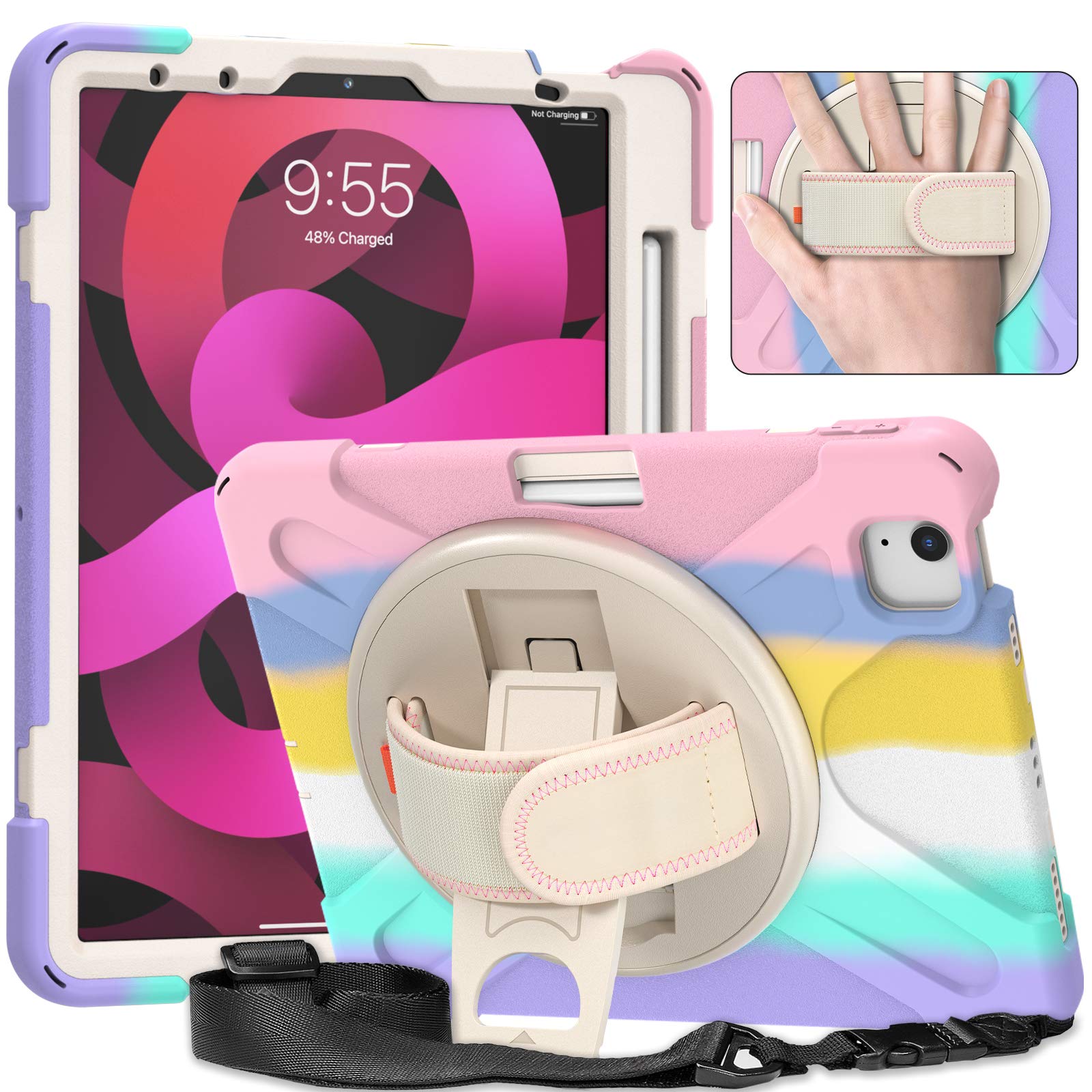 4th Gen iPad Air 10.9 Case & iPad Pro 11 Case - 360° Rotatable with Hand Strap, Adjustable Shoulder Strap, Stand & Pencil Holder | Military Shockproof Silicone Cover (Pink) | Perfect for Travel, Work & Outdoor Activities