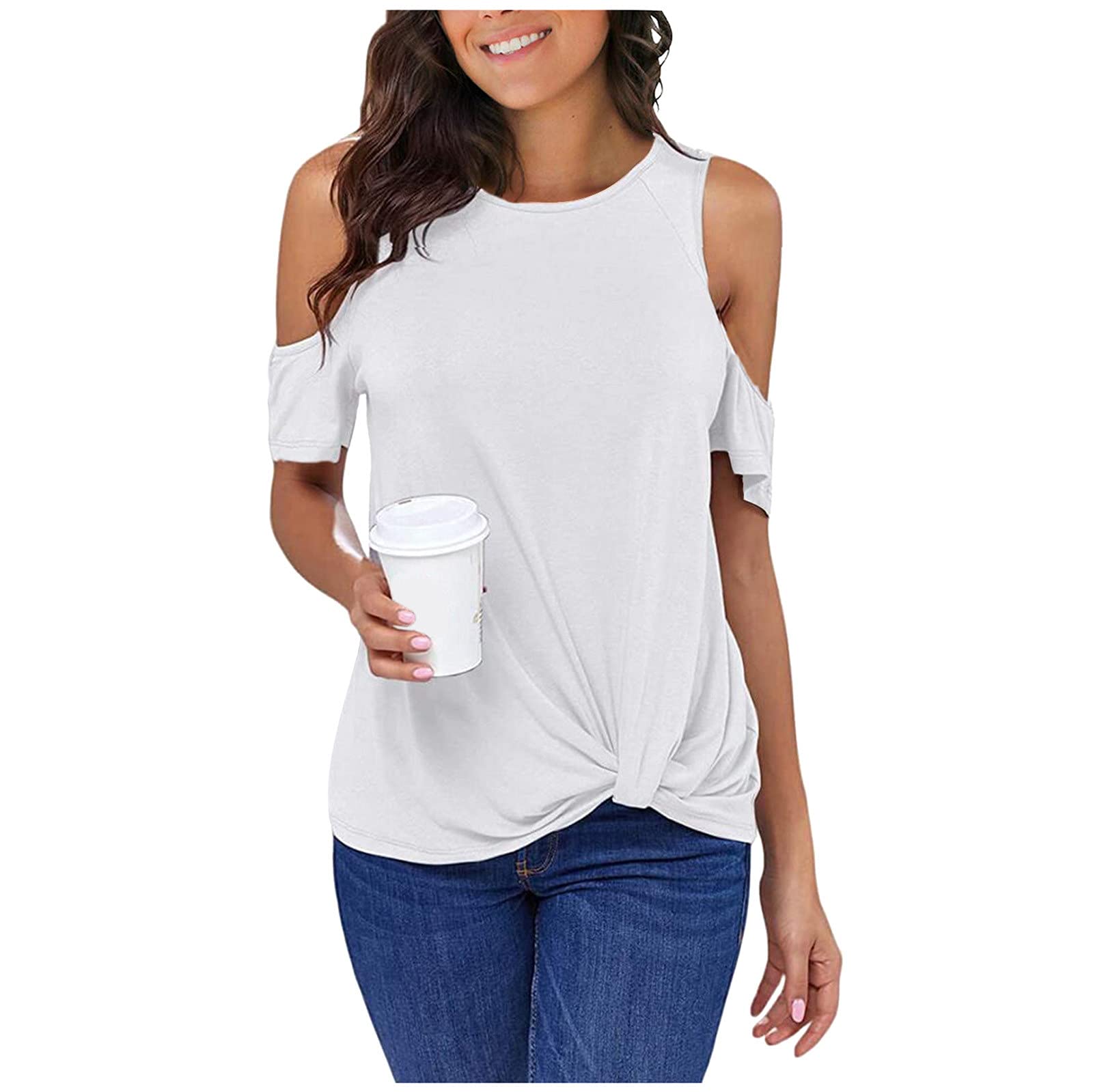 Women's Summer Casual Short Sleeve Cold Shoulder V-Neck Tunic T-Shirt - Breathable & Stylish for Beach, Vacation, and Everyday Wear