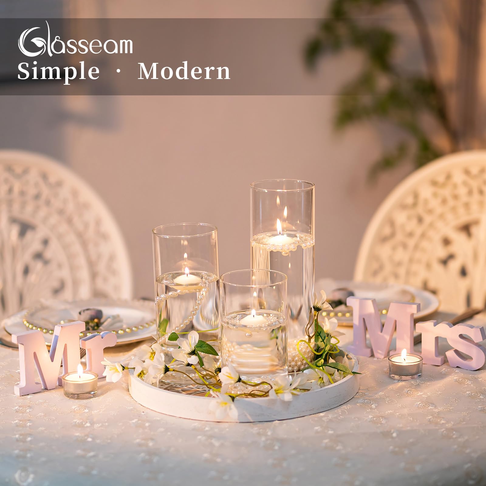 Glasseam 24-Pack Clear Glass Cylinder Candle Holders for Pillar & Floating Candles - Modern Hurricane Vases for Wedding Centerpieces, Table Decor, and Home Ambiance Lighting