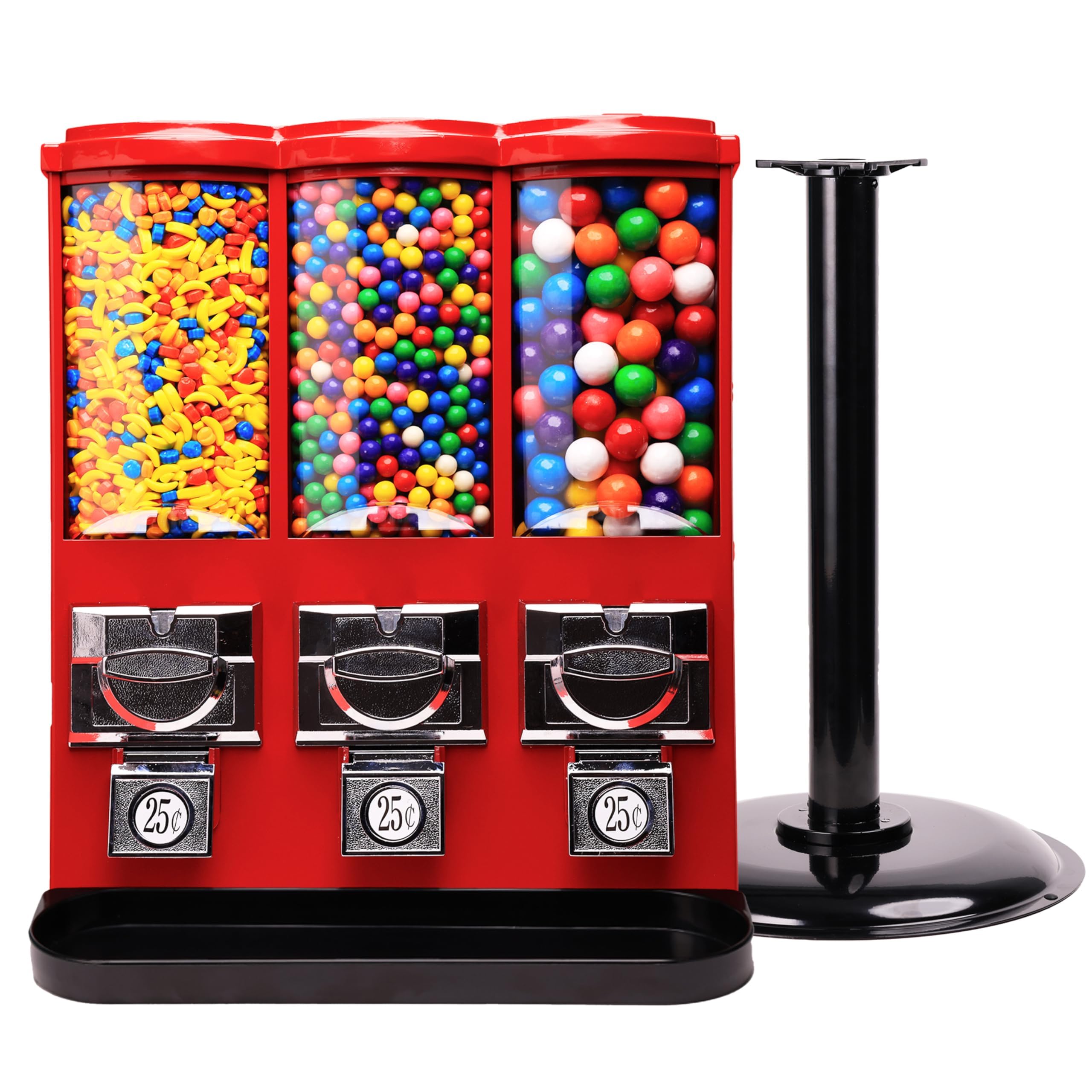 Commercial Triple Head Gumball & Candy Vending Machine with Stand - Coin Operated Candy Dispenser with Removable Canisters (Red) - Perfect for Retail Stores, Arcades, and Restaurants