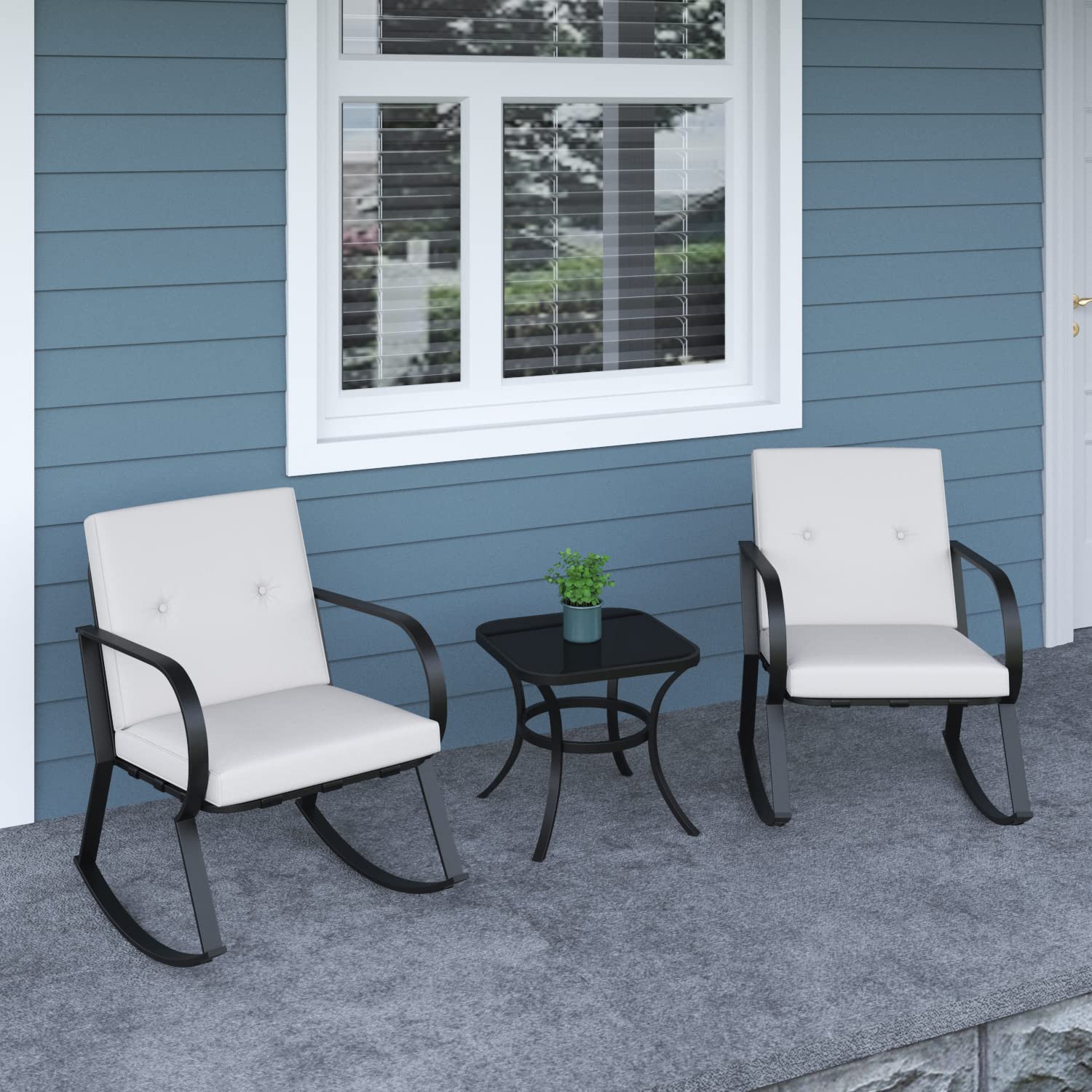 **Flamaker 3-Piece Outdoor Rocking Chair Set – Upgraded Metal Bistro Chairs with Thickened Cushions & Coffee Table – Modern Patio Furniture for Porch, Balcony, Lawn, Garden & Backyard (Beige) – Perfect for Relaxing, Entertaining & Outdoor Dining**