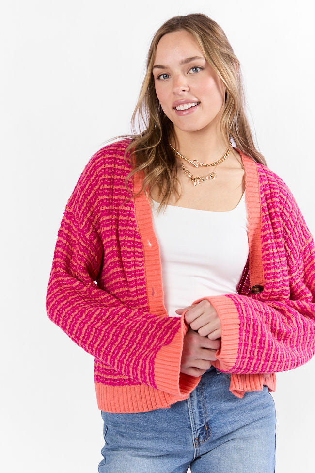 Trendy Pink and Orange Woven Textured Knit Cardigan for Women - Soft Long Sleeve Open Front Sweater - Perfect for Fall Layering, Office Wear & Casual Outfits