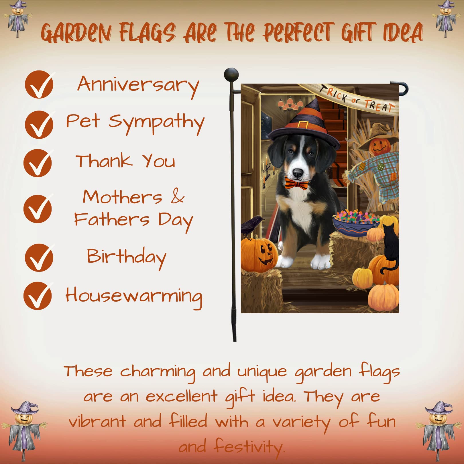 Halloween Greater Swiss Mountain Dog Garden Flag - Double Sided Outdoor Yard Porch Decor, 12.5