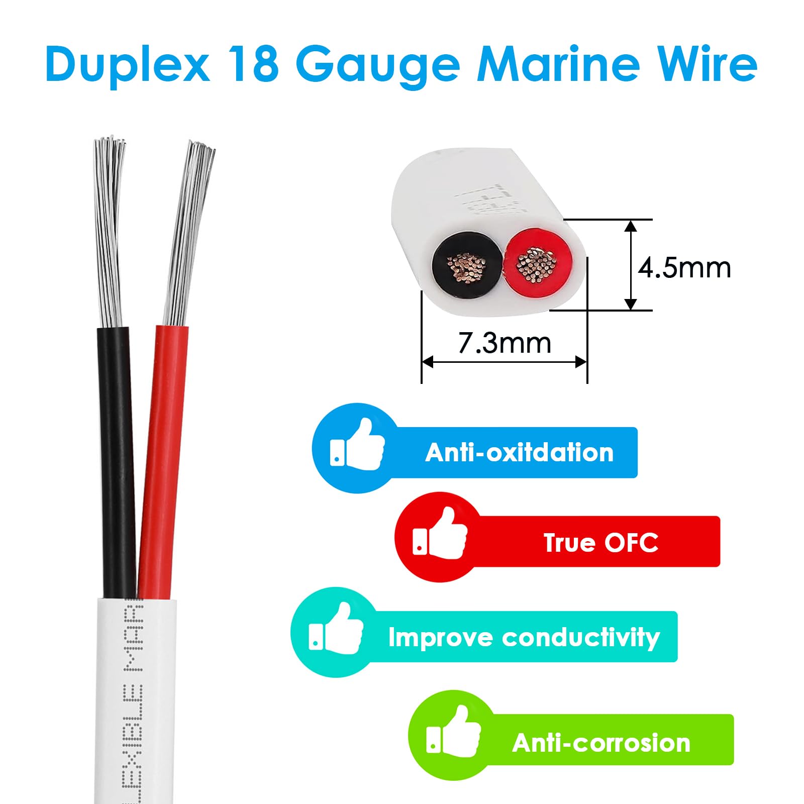 18 Gauge Duplex Marine Wire Tinned Copper Boat Cable - 20ft 18 AWG Oxygen Free Copper (OFC) for Automotive, Boat Speakers, Solar & Outdoor Use - Waterproof & Durable for Marine, RV & Off-Grid Applications
