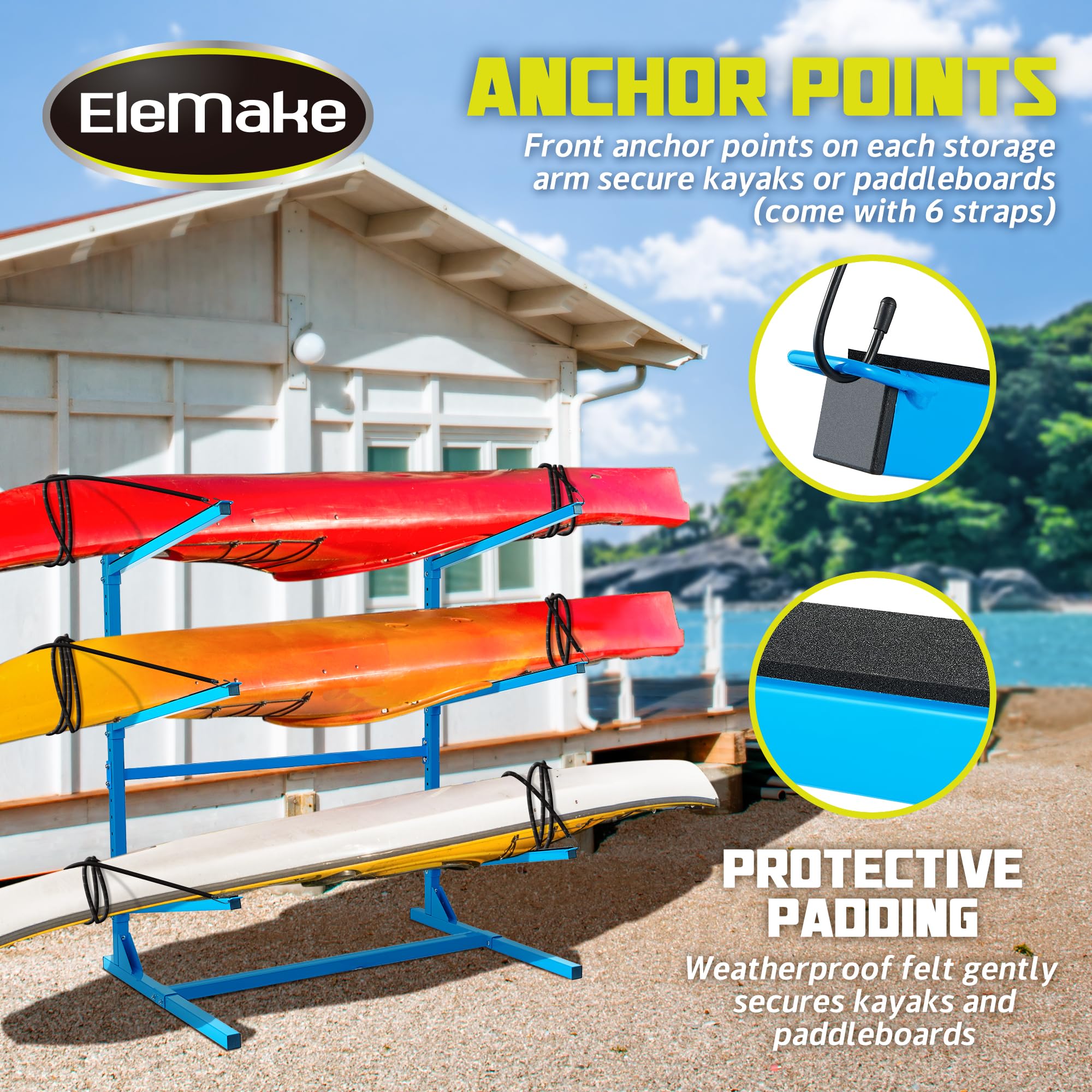 Elemake Heavy Duty Kayak Storage Rack with Wheels - Adjustable Freestanding Water Sports Rack for SUP, Paddleboard, Surfboard - Indoor/Outdoor Weatherproof Holder for Garage, Backyard, Dock Storage
