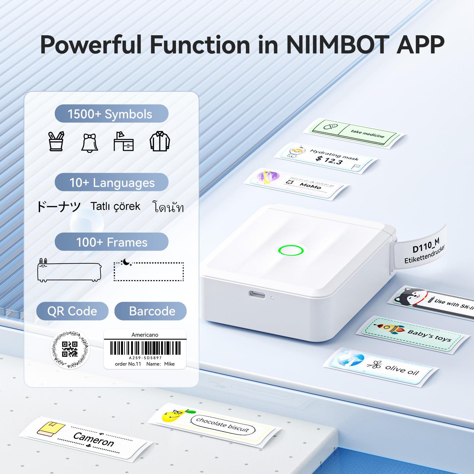 NIIMBOT D110 Bluetooth Label Maker Machine - Handheld Thermal Label Printer with Tape, Sticker Maker for Home, Office, Kitchen, School Organization (White) | Perfect for Labeling Storage Boxes, Files, Jars & School Supplies
