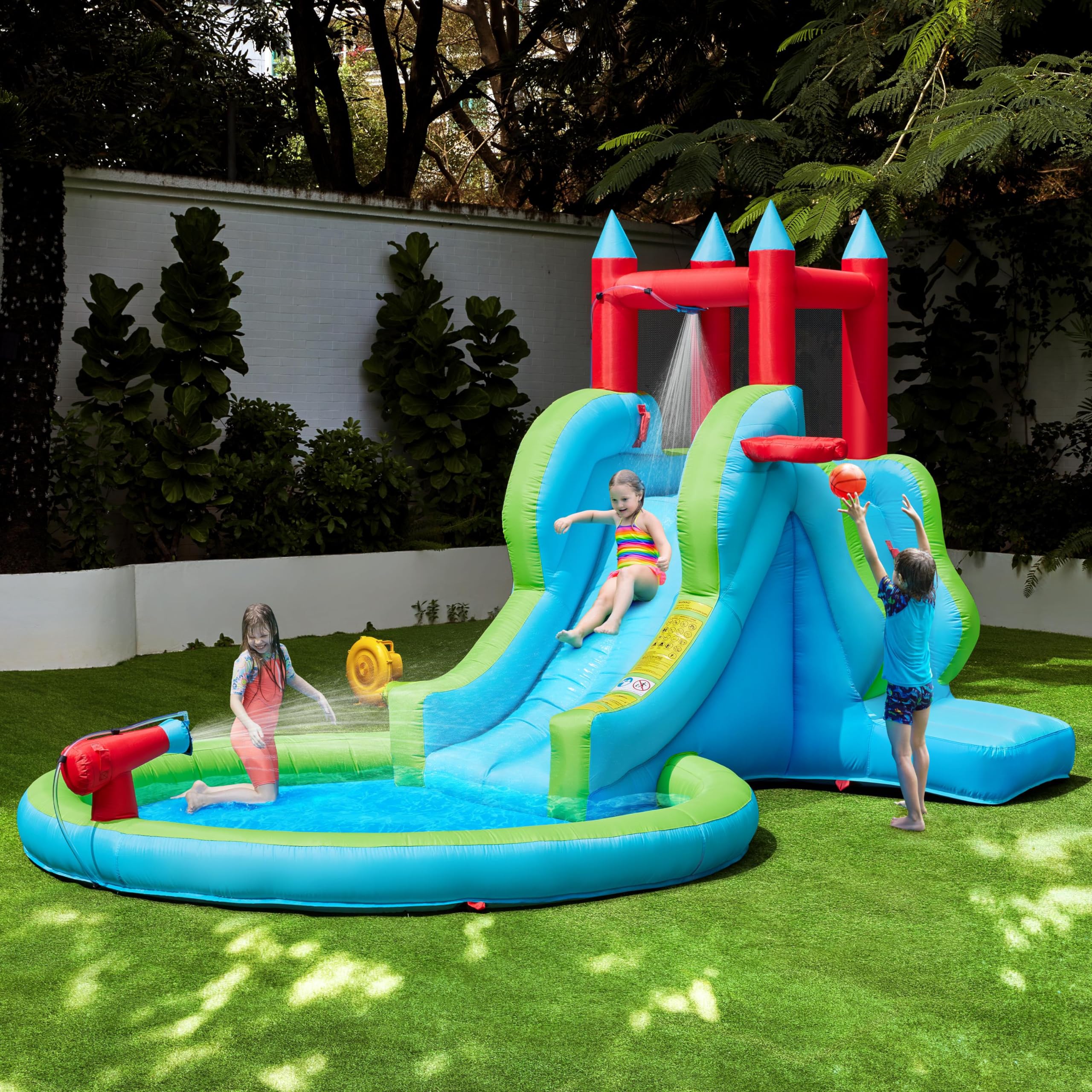 Yaheetech 5-in-1 Inflatable Water Slide for Kids Ages 3-8 | Outdoor Blow Up Bounce House with Water Cannon, Basketball Hoop, Climbing Wall & Storage Bag | Includes 350W Blower | Perfect for Backyard Parties, Summer Fun & Family Gatherings