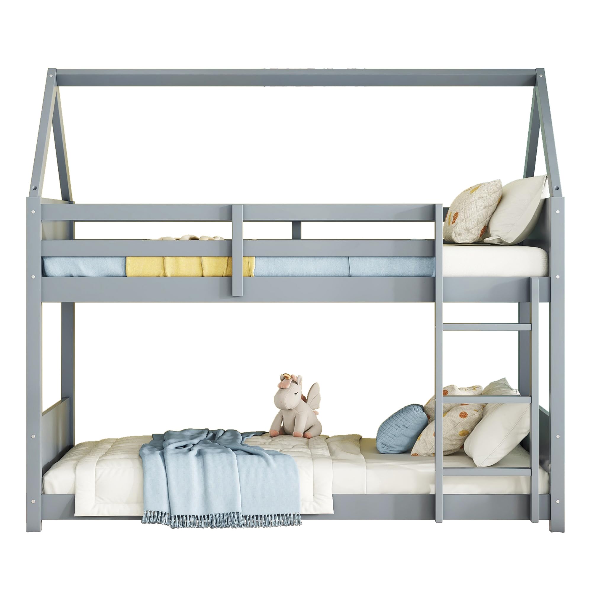 LZ LEISURE ZONE Twin Over Twin Bunk Bed with Guardrails & Ladder - Space-Saving Kids Bedroom Furniture, Light Gray - Perfect for Small Rooms, Shared Kids' Bedrooms & Sleepovers