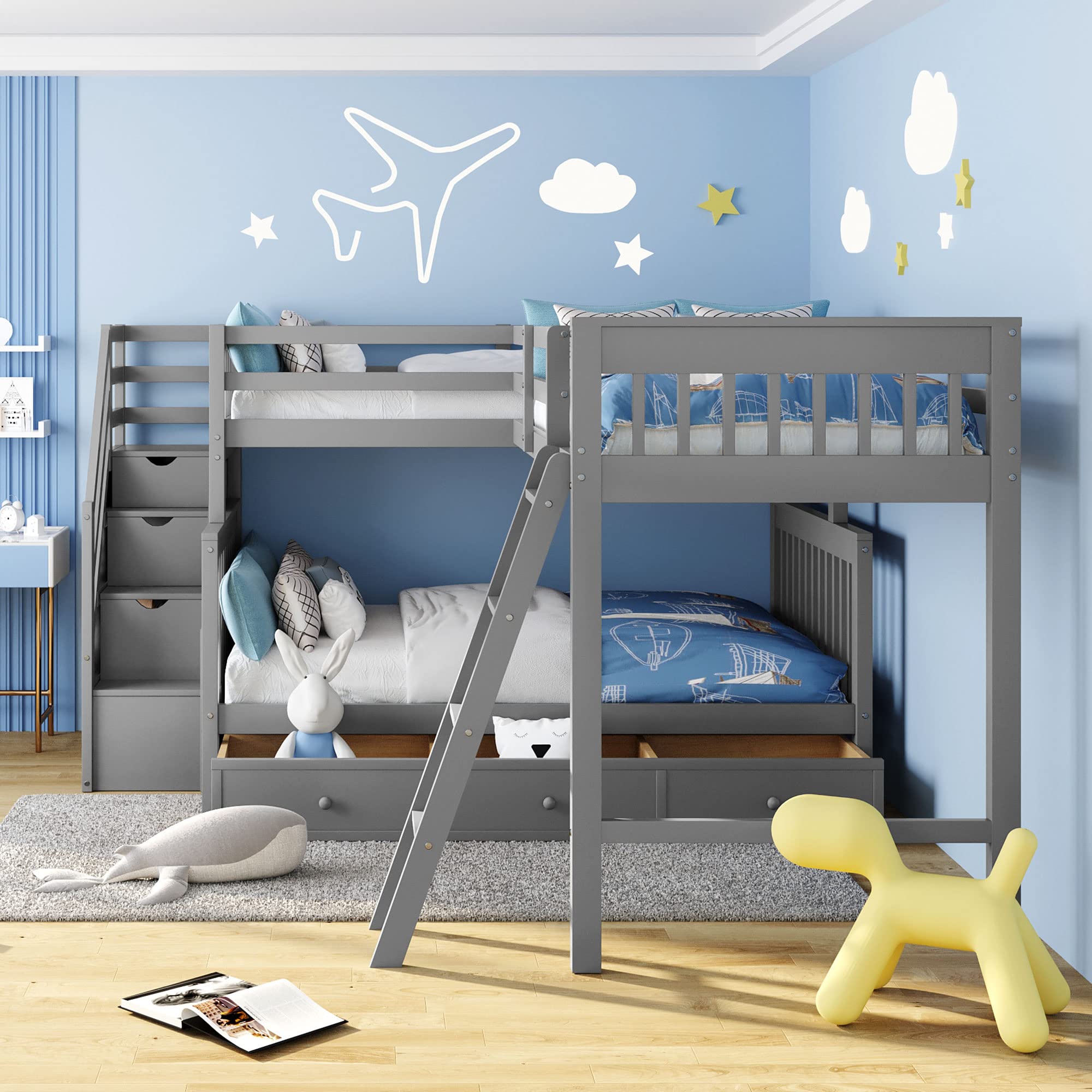 L Shaped Triple Bunk Bed with Stairs - Twin Over Full Bunk Bed with Loft & 3 Storage Drawers - Solid Wood Bunk Bed Frame for Kids, Teens, Boys & Girls (Gray) - Perfect for Small Rooms, Shared Kids' Bedrooms & Vacation Homes