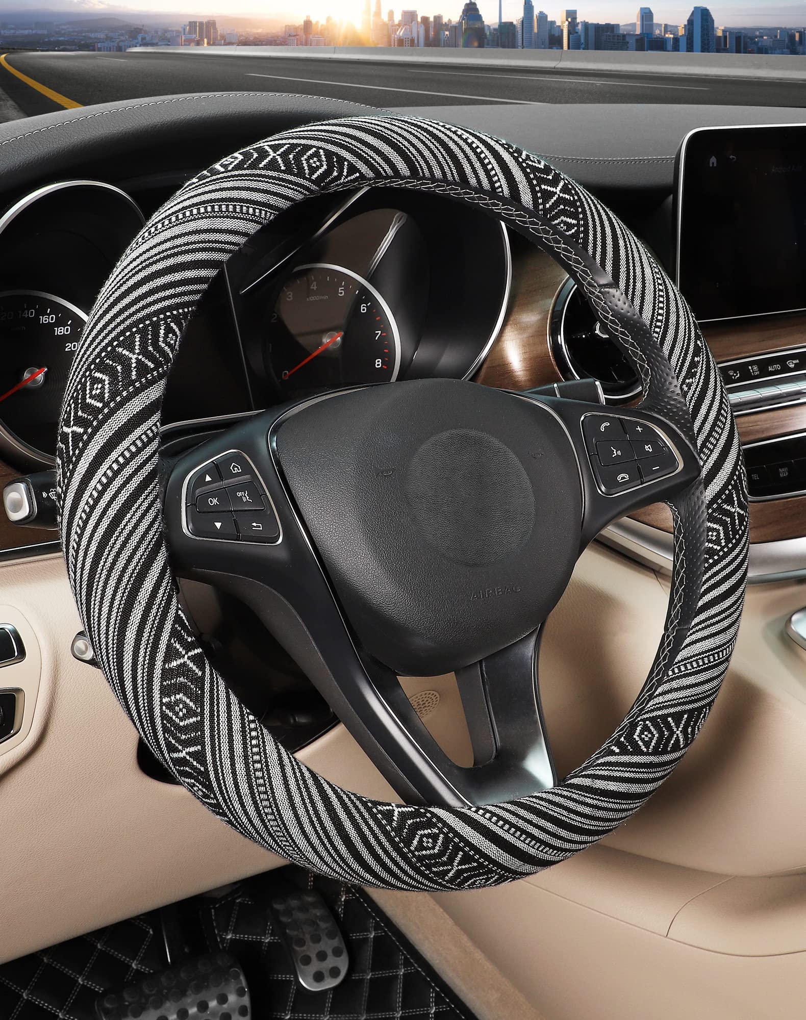 Boho Steering Wheel Cover - Ethnic Style Baja Blanket Cloth with Coarse Flax - Fits 14.5-15.25 Inch Car Wheels - Perfect for Hippie, Vintage & Boho Style Car Interiors