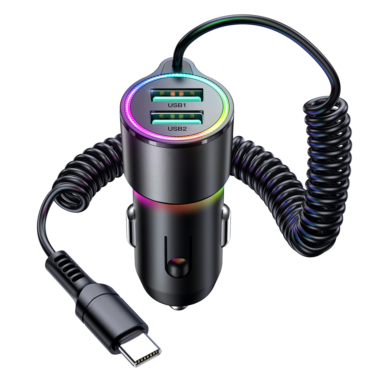 3.4A Fast Car Phone Charger with Dual USB Ports & 5FT Type C Coil Cable - Quick Charge for iPhone 16/15 Pro Max Plus, Samsung Galaxy, Pixel & Android Phones - Perfect for Road Trips, Commuting & Travel Accessories