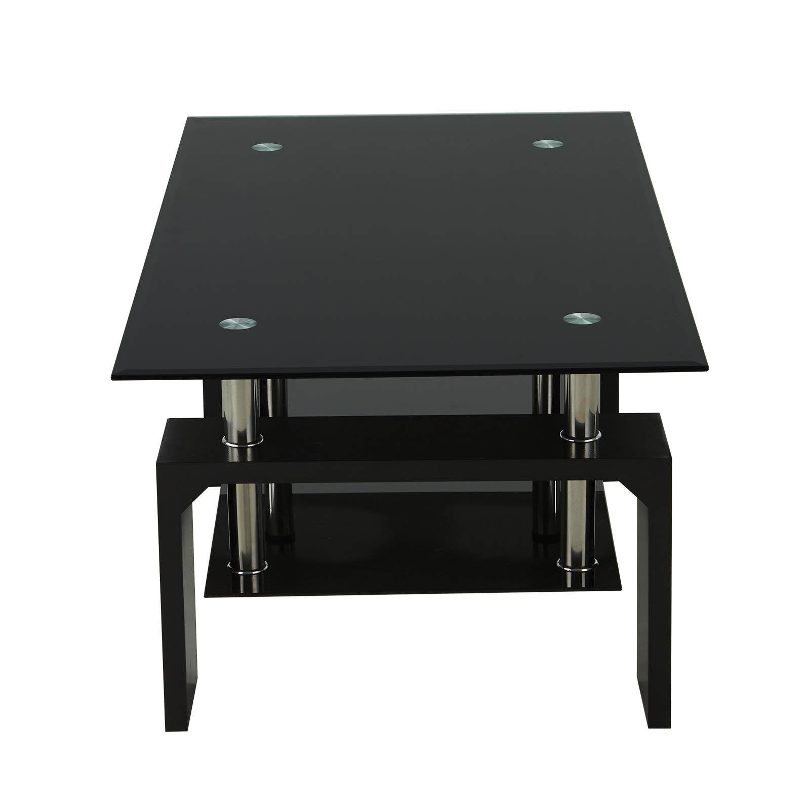 Upgraded Modern Black Glass Top Coffee Table with Storage Shelf - 43 Inch Rectangle Living Room Center Table with Wooden Legs - Perfect for Lounge, Sofa Side Table, and Home Decor