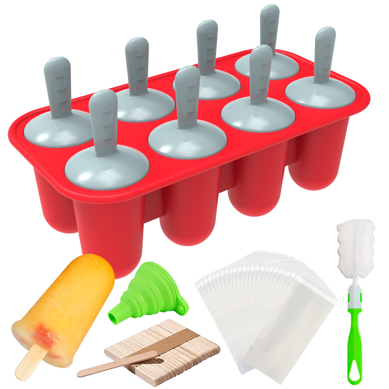 Miaowoof Silicone Popsicle Molds Set - 8 Reusable Ice Pop Makers with 50 Popsicle Sticks, 50 Bags & Funnel - DIY Homemade Frozen Treats for Kids, Summer Parties & Healthy Snacks