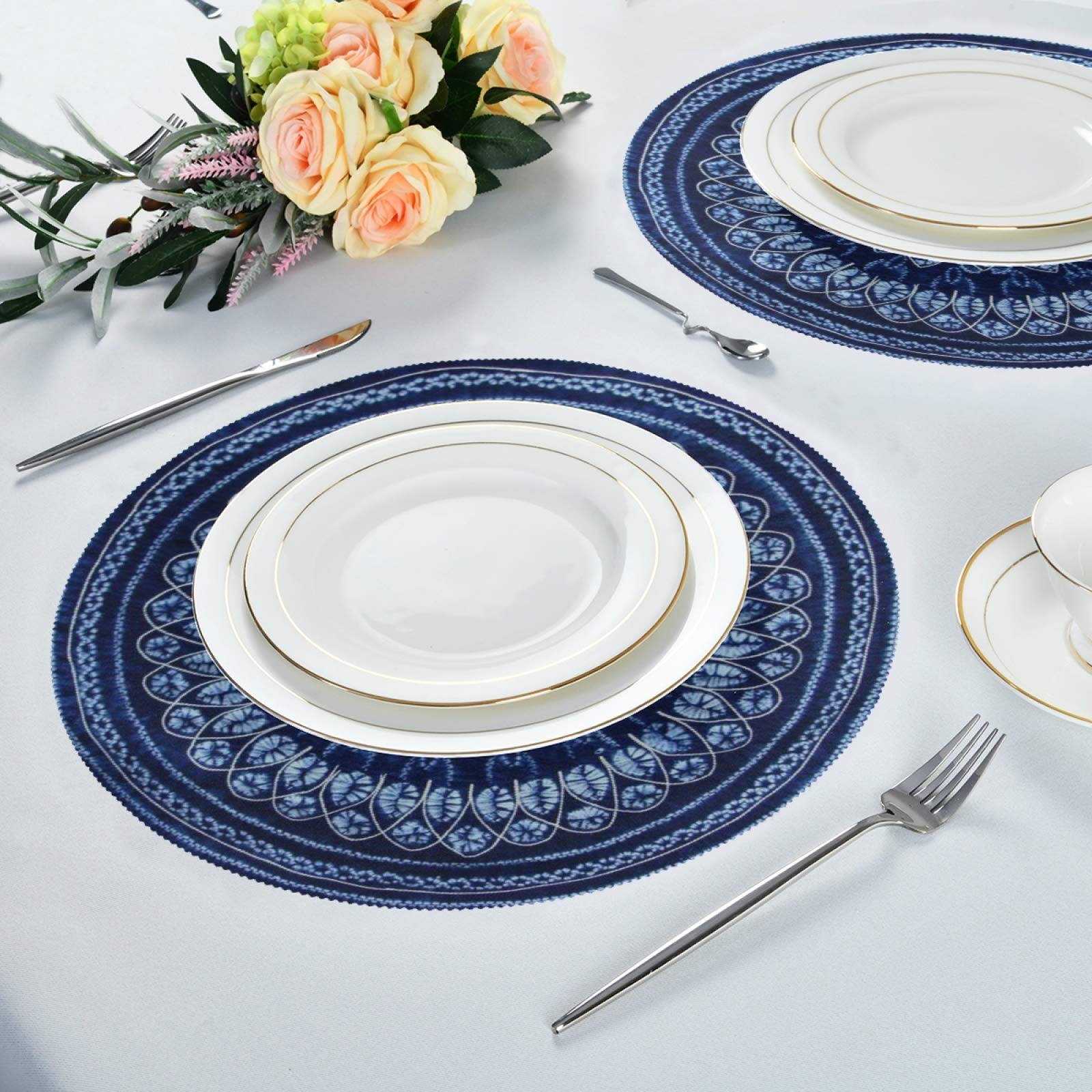 Premium Navy Blue Round Placemats Set of 6 - Waterproof & Heat-Resistant Dining Table Mats for Everyday Use, Dinner Parties & Holiday Decor - Elegant Kitchen & Home Decor Accessories