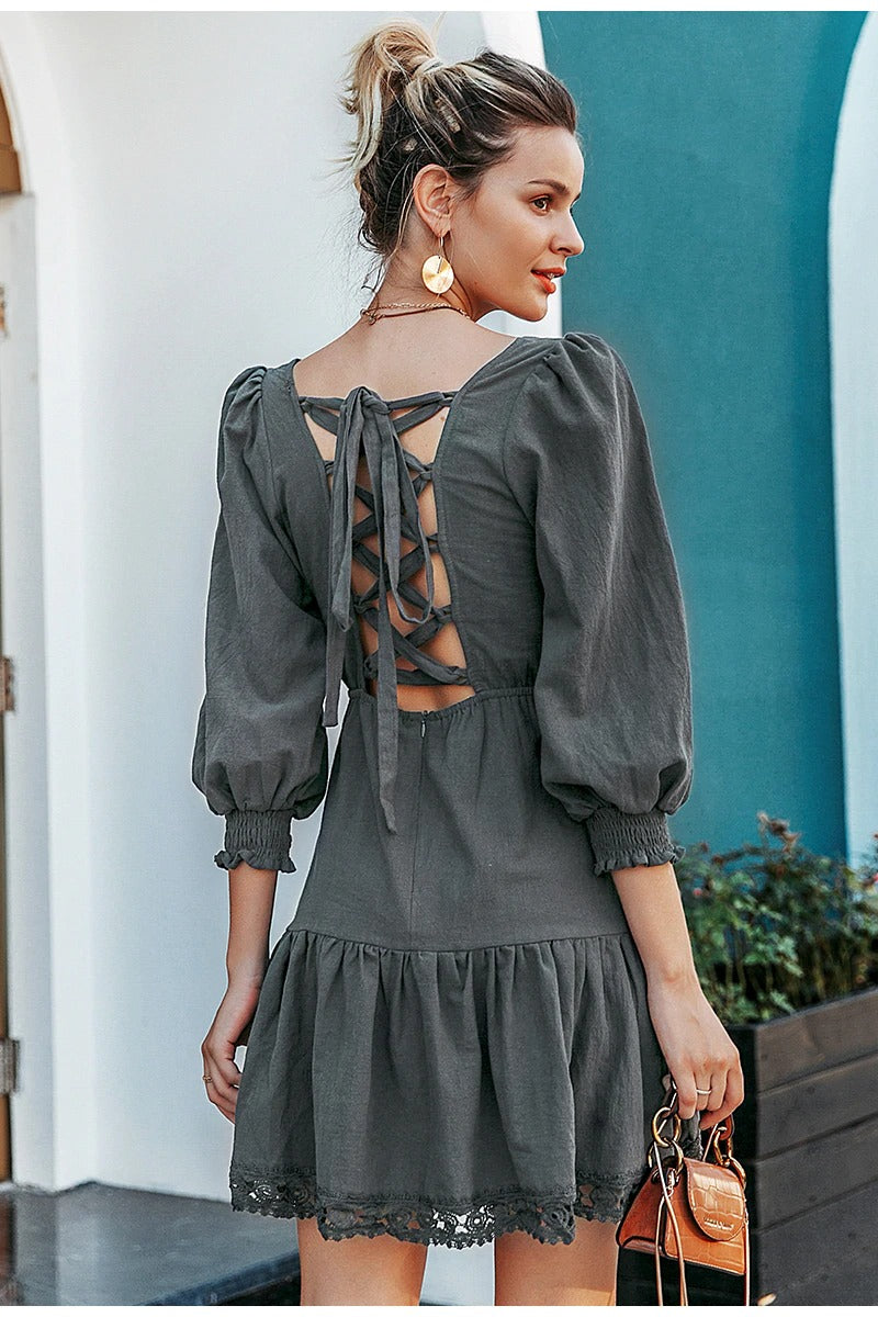 Elegant A-Line Hollow Out Ruffled Lantern Sleeve Party Dress for Women - Autumn Casual Short Dress for Date Night, Cocktail Party & Special Occasions