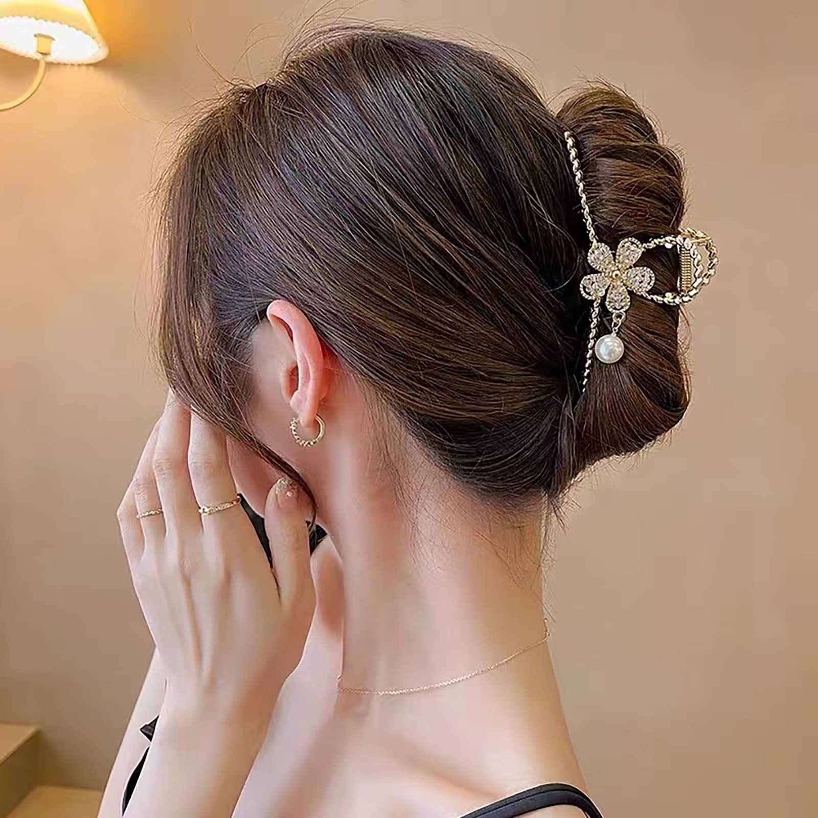 Elegant Crystal Flower Hair Clips for Women - Gold Metal Claw Hairpins for Thick Hair | Non-Slip Pearl Hair Accessories for Women & Girls | Perfect for Weddings, Parties & Everyday Styling