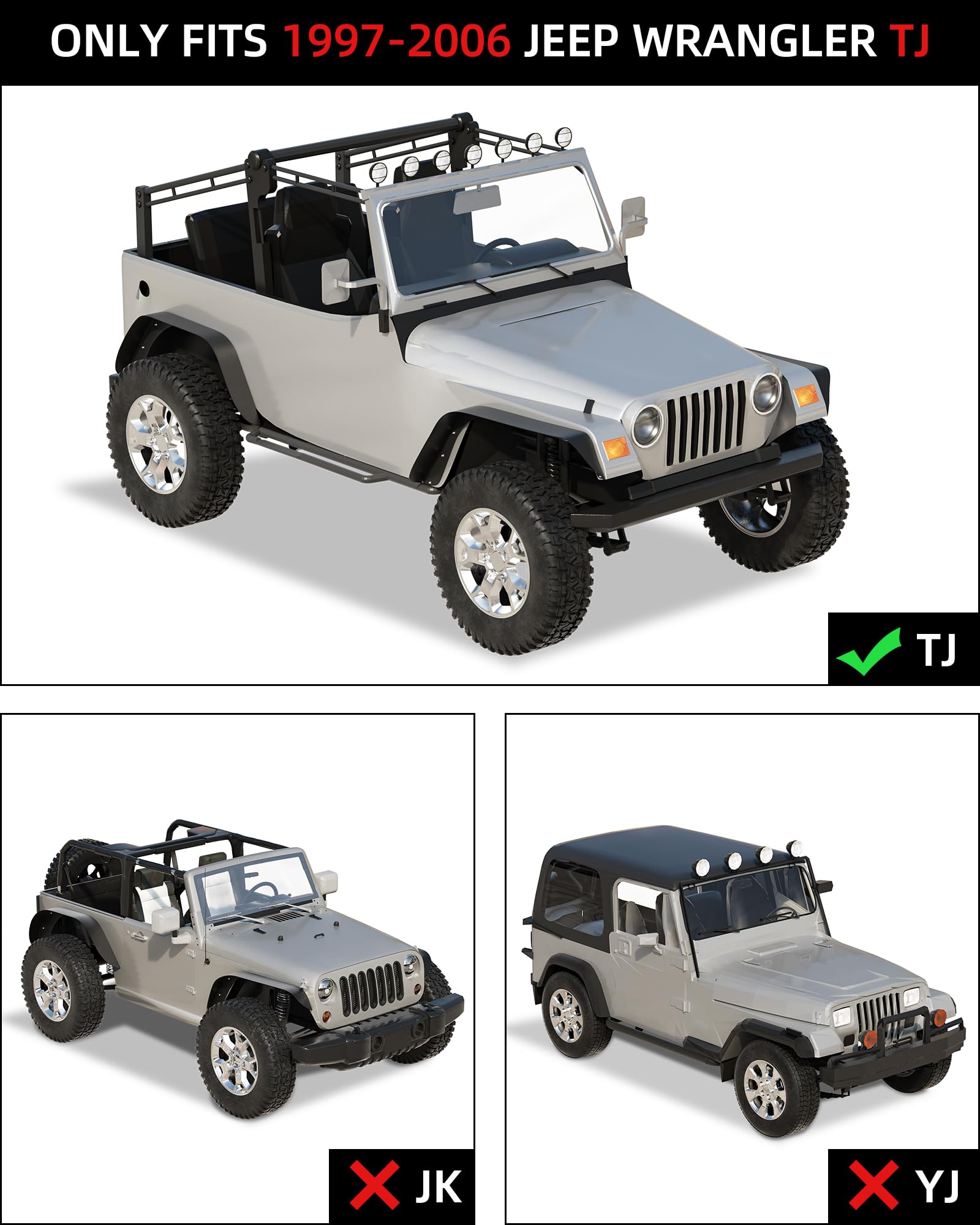GARVEE 4-Piece Flat Front & Rear Fender Flares for 1997-2006 Jeep Wrangler TJ & LJ - Textured Black Off-Road Metal Steel Wheel Liners - Perfect for Trail Riding & Rock Crawling Adventures