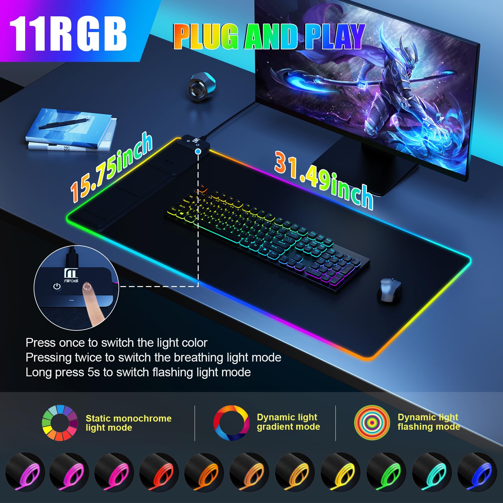 RGB Gaming Mouse Pad with Wireless Charging & Phone Holder - Large Non-Slip Desk Mat for Home Office, Ultra-Smooth Waterproof Surface, Classic Black - Perfect for PC Gaming, Workstations & Streaming Setups