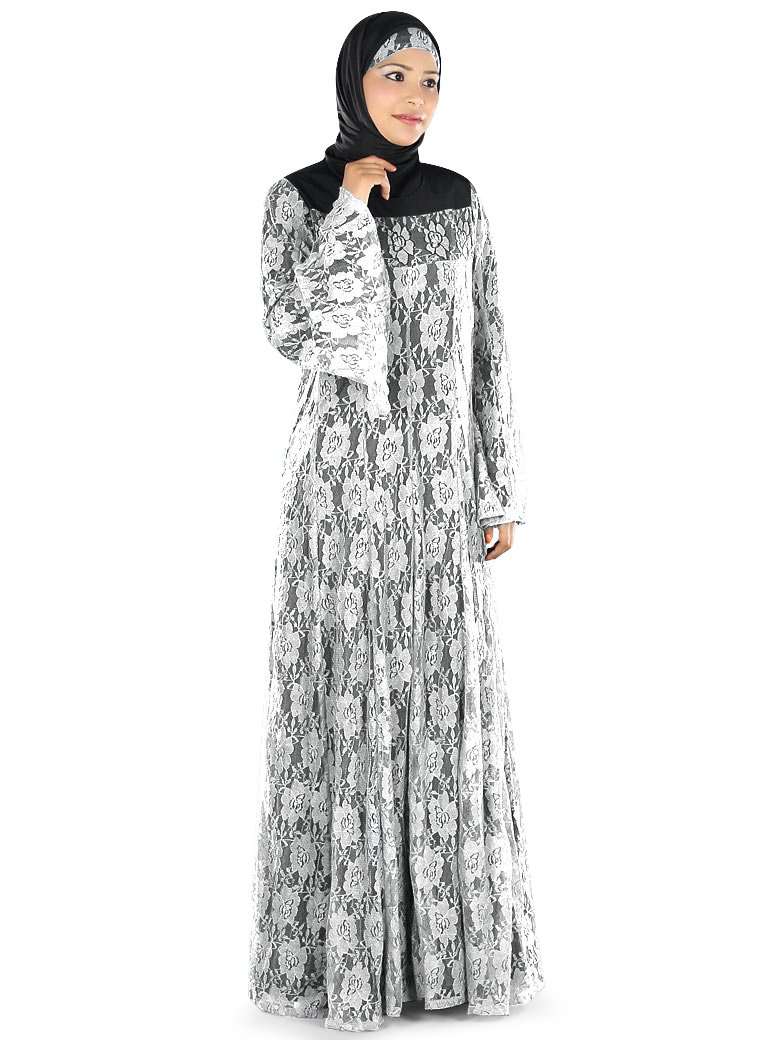 Elegant White Floral Lace Abaya Dress - Modest Islamic Fashion for Women - Perfect for Prayer, Weddings & Special Occasions