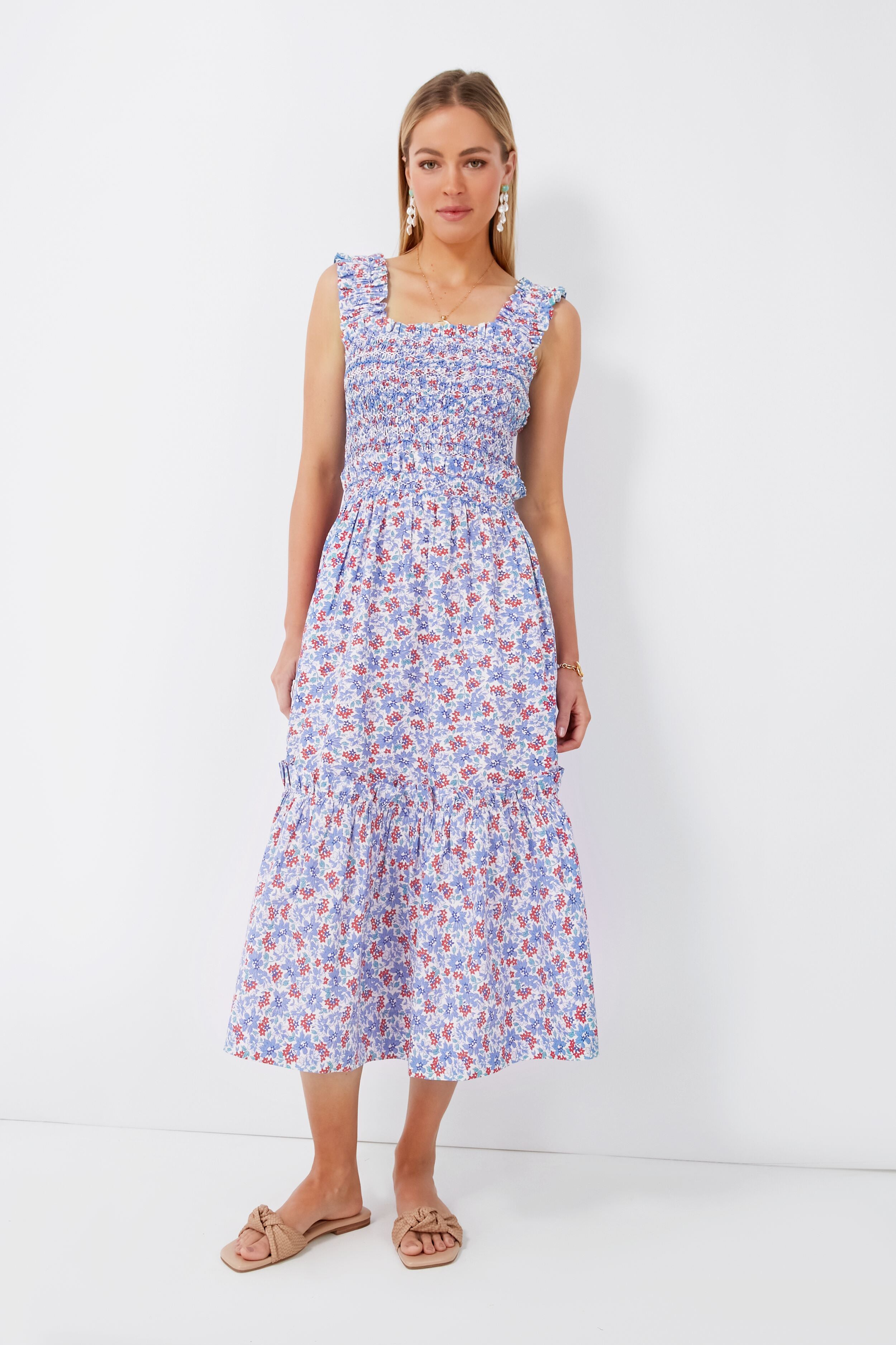 Blue Peggy Floral Sleeveless Smocked Dress for Women - Summer Beach Vacation, Garden Party & Casual Outfit