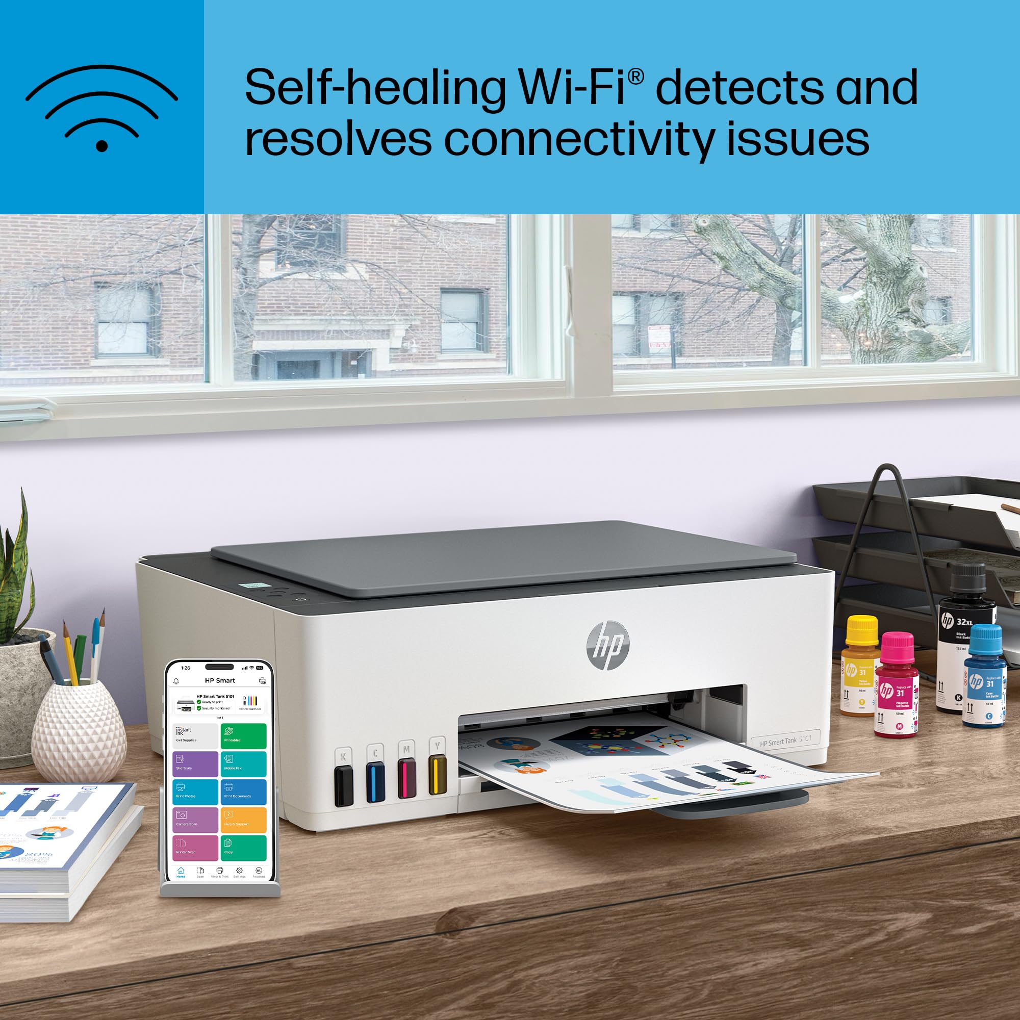 HP Smart Tank 5101 Wireless All-in-One Ink Tank Printer with 2 Years of Ink Included - Print, Scan, Copy - Best for Home & Office Use - Refillable Ink Tank System (1F3Y0A) - Perfect for Remote Work, School Projects, and Small Business Printing Needs