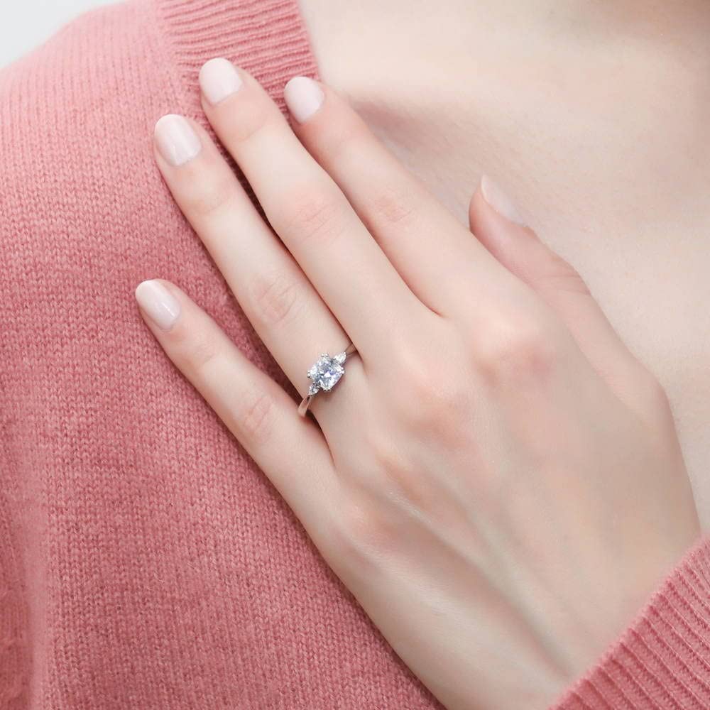 BERRICLE Sterling Silver 3-Stone Wedding & Engagement Ring - 1.25ct Cushion Cut Cubic Zirconia CZ Promise Ring for Women - Rhodium Plated Size 4-10 - Perfect for Proposals, Anniversaries & Special Occasions