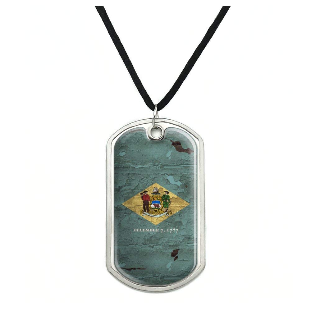 Vintage Rustic Delaware State Flag Distressed USA Military Dog Tag Pendant Necklace with Cord - Patriotic Gift for Men & Women, Military Appreciation, State Pride Collection