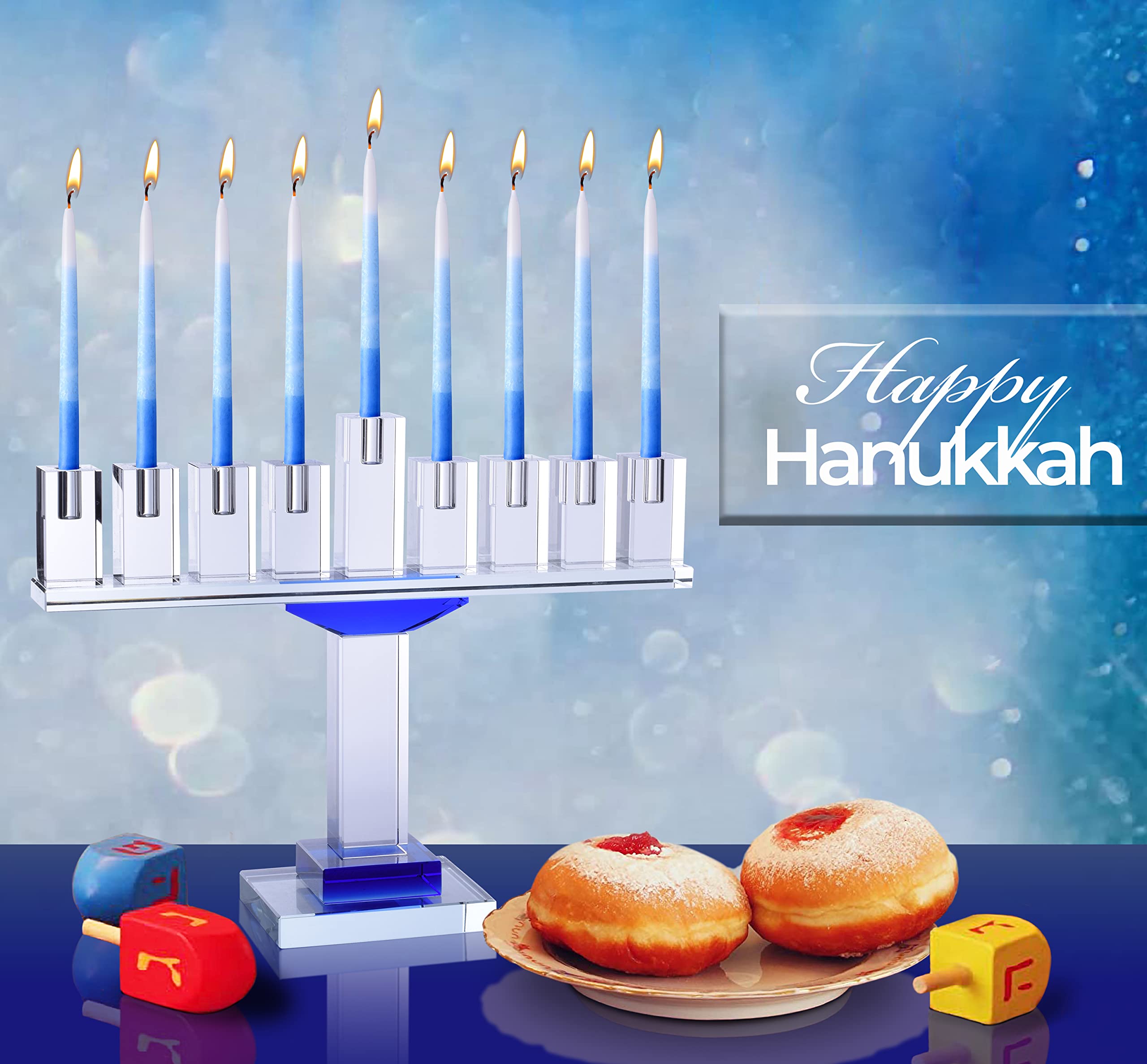 Blue Crystal Hanukkah Menorah - 9 Inch Modern Glass Candle Holder for Chanukah, Fits All Standard Hanukkah Candles | Perfect for Jewish Holiday Decor, Home Celebration & Gift Giving