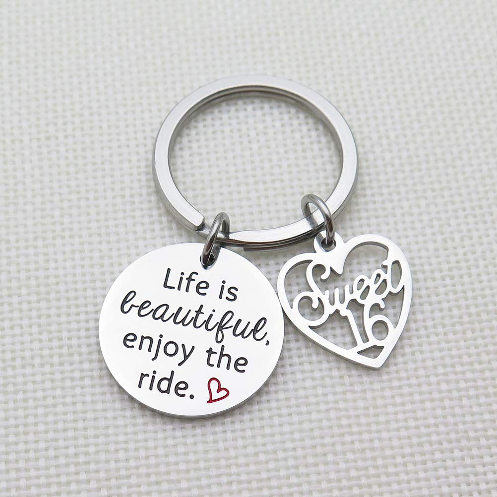 IDLAN Sweet 16 Keychain - 'Life Is Beautiful Enjoy The Ride' Inspirational Stainless Steel Keyring - Perfect 16th Birthday Gift for Daughter, Niece, or Teen Girl - Great for Graduation, Birthdays & Special Occasions
