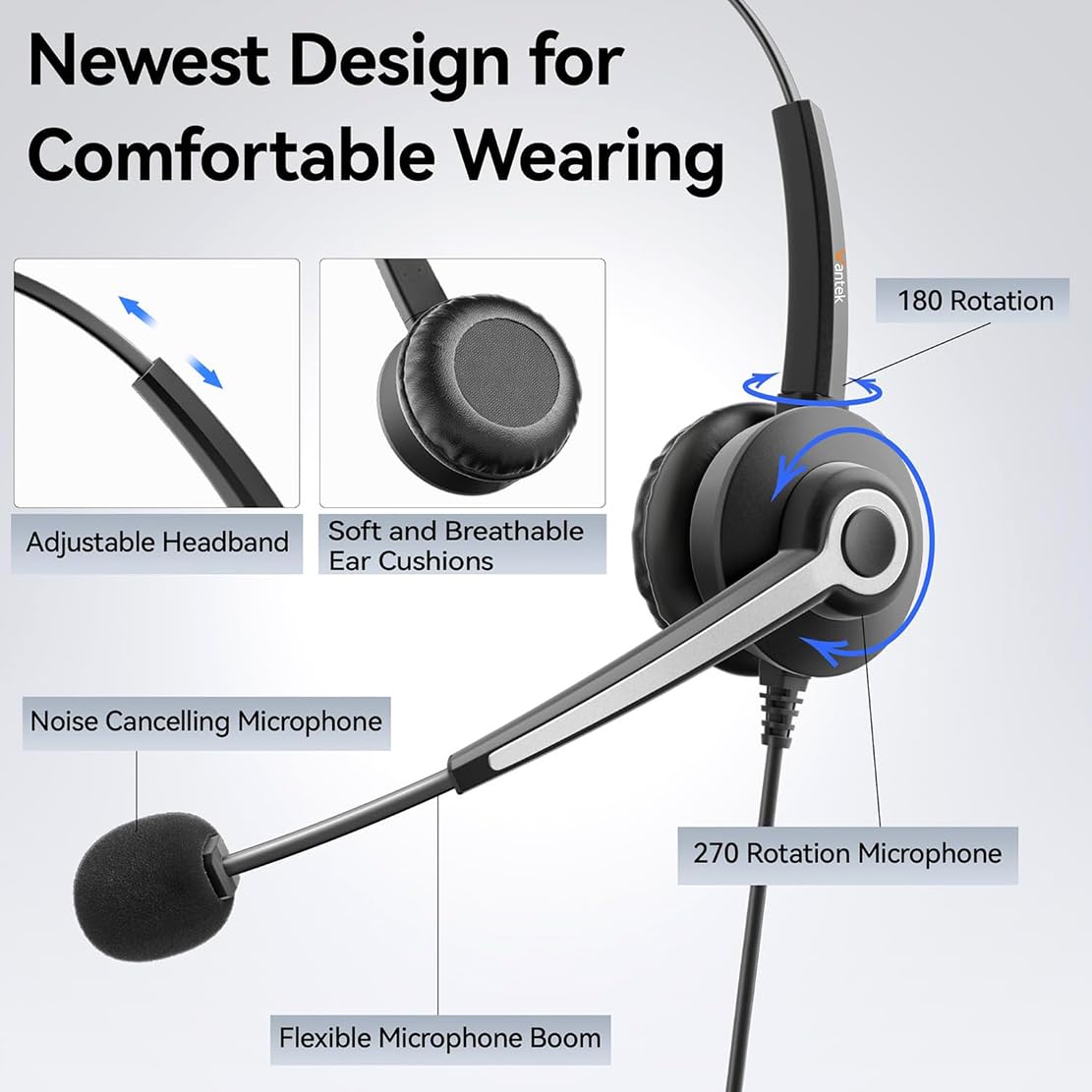 Wantek Wired Gaming Headset with Noise-Cancelling Microphone - 3.5mm PC Headphones with In-Line Volume Control for Laptop, Computer, Office & Home Use - Perfect for Online Meetings, Gaming & Remote Work