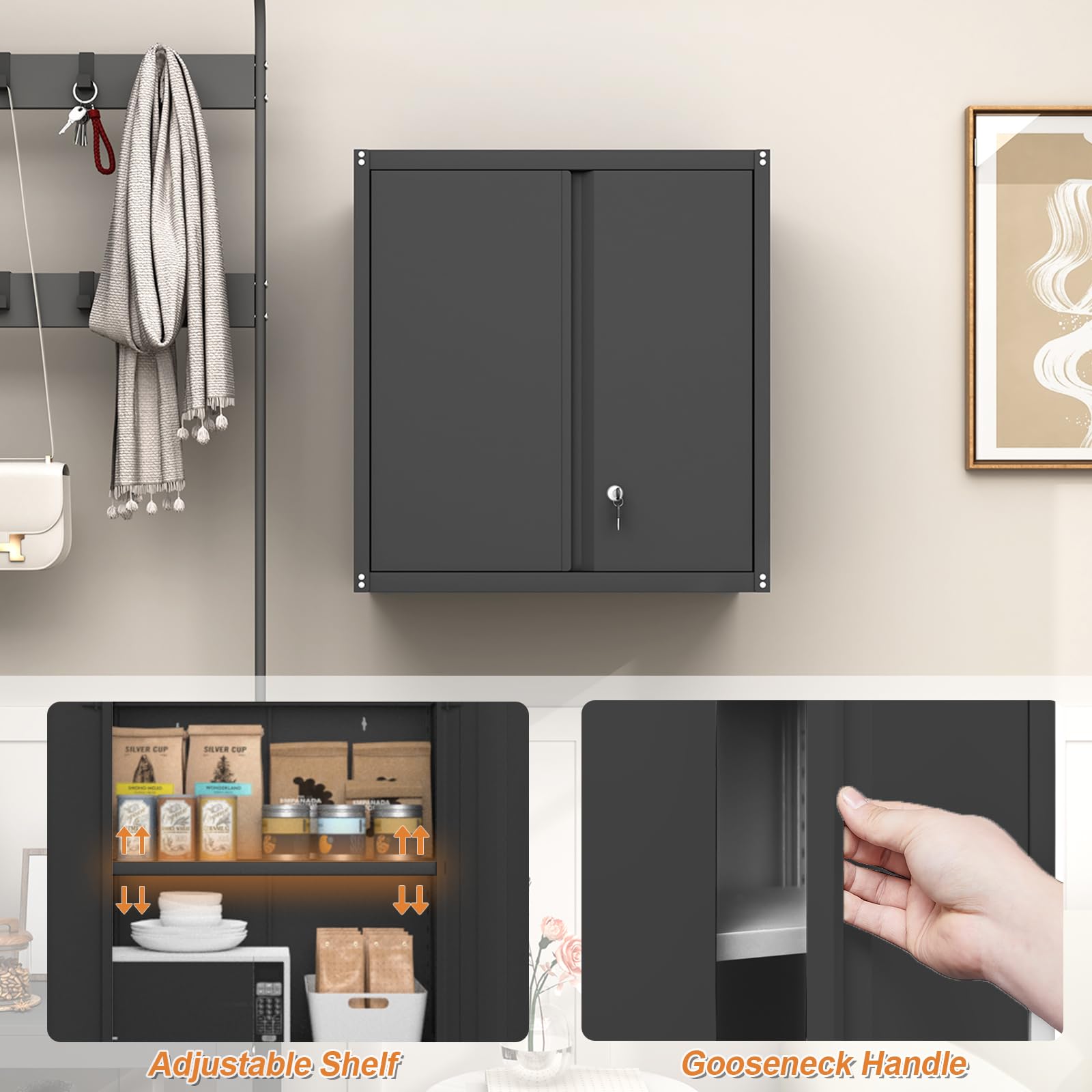 GREATMEET Black Metal Wall Mounted Storage Cabinet with Lock & Adjustable Shelf - Heavy Duty Garage Utility Cabinet for Tools, Workshop Organization & Home Storage