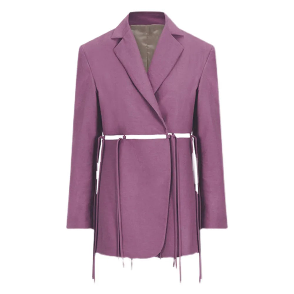 Women's Bandage Blazer - Notched Collar Long Sleeve Solid Minimalist Jacket | Office Wear, Business Casual & Formal Outfits