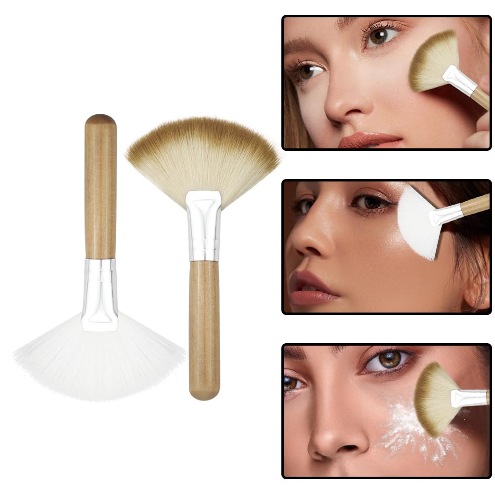 4 Pack Fan Brushes for Makeup - Soft Bristle Face Highlighting & Blush Brush Set with Long/Short Handles - Professional Loose Powder, Highlighter & Blush Applicator Brushes - Perfect for Contouring, Highlighting & Everyday Makeup Application