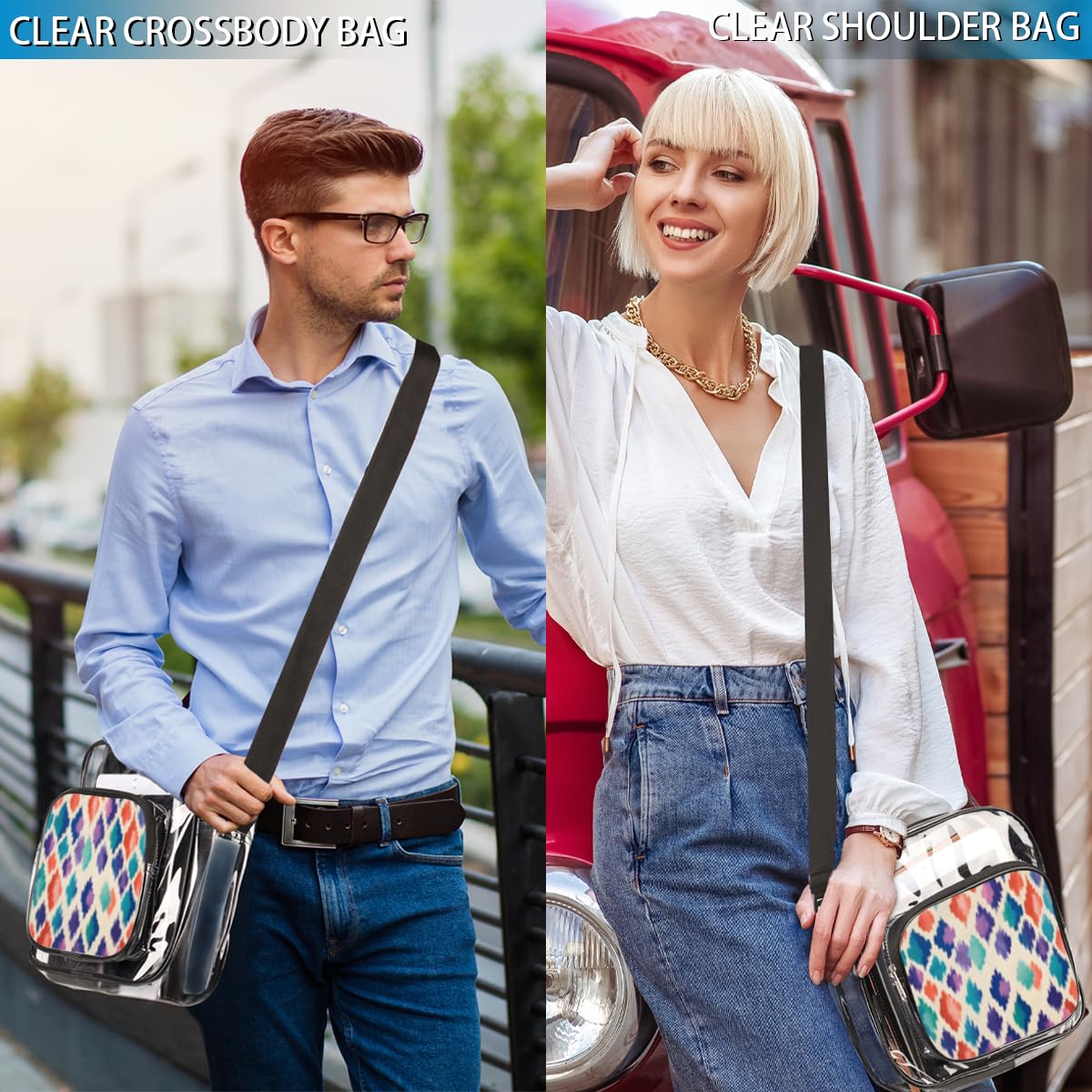Mularoka Ikat Boho Clear Crossbody Purse Bag for Women & Men - Stylish Ikat Pattern Stadium Approved Clear Shoulder Bag for Concerts, Festivals & Sports Events - Perfect for Music Festivals, NFL Games & Theme Parks