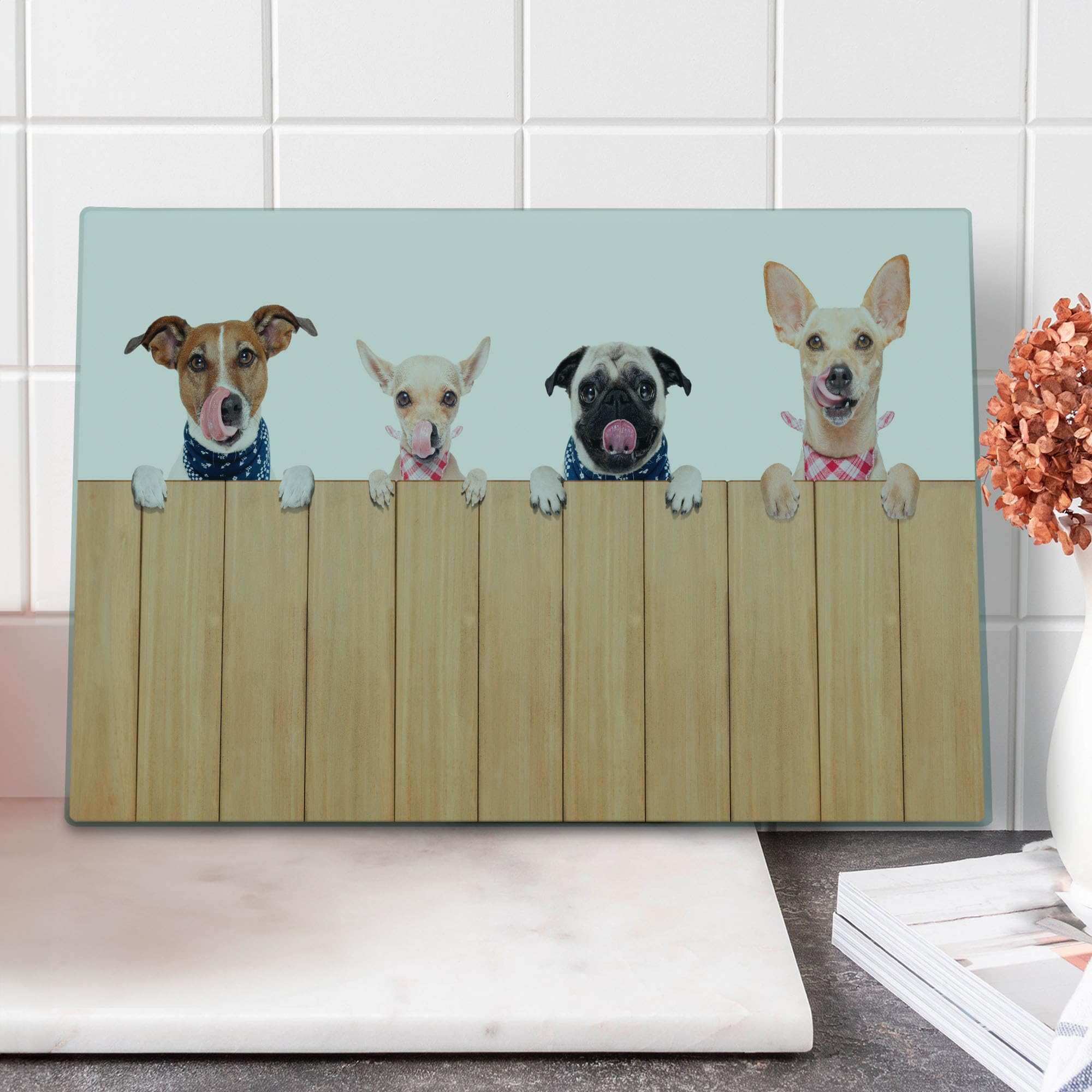 Lunarable Dog Lover Cutting Board - Large Tempered Glass Serving Board with Playful Hungry Dogs Design (Sand Brown/White) - Perfect for Kitchen Decor, Cheese Platters & Pet Lover Gifts