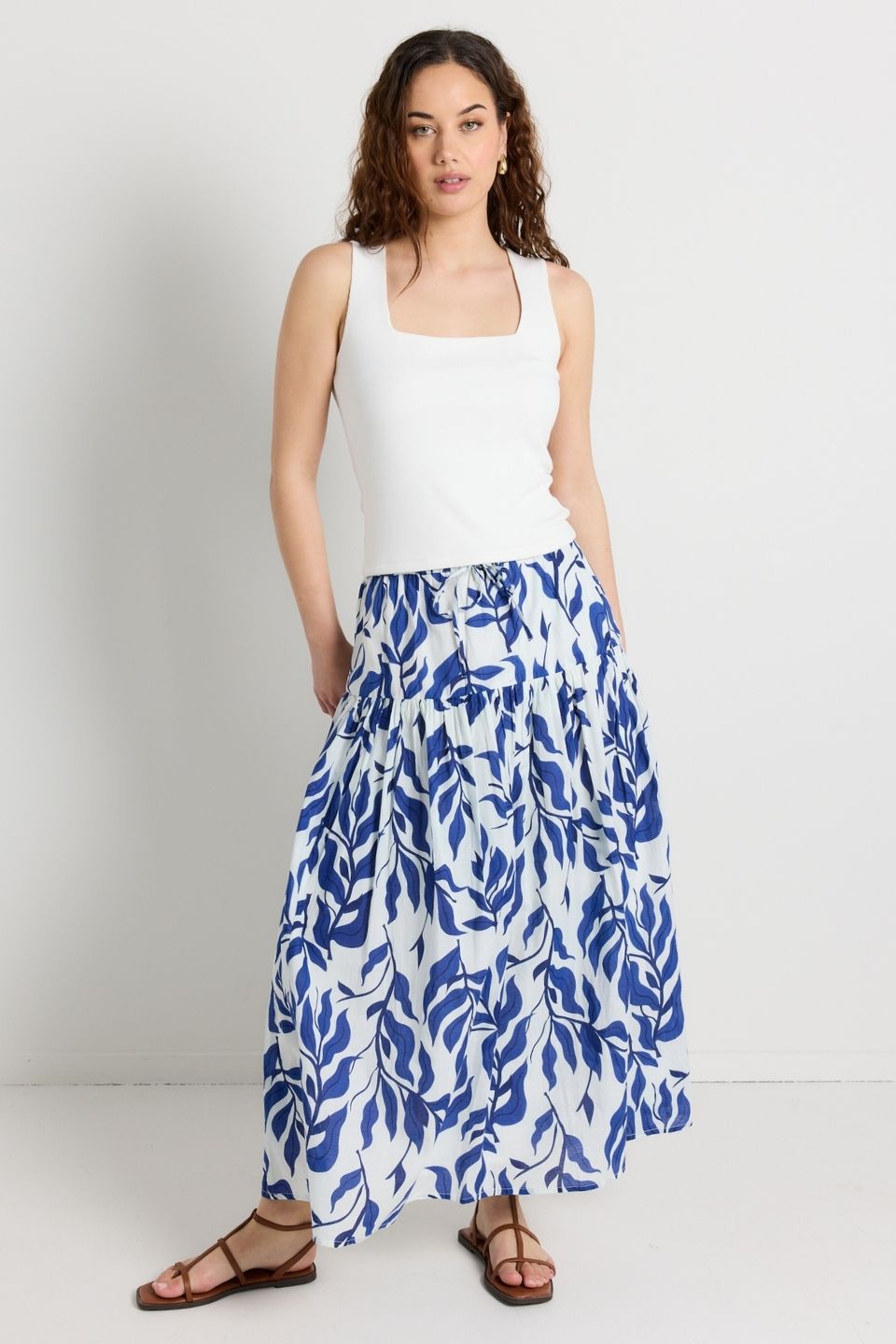 Remedy Blue Leaves Print Tie Waist Tiered Maxi Skirt - Flowy Boho Summer Dress for Beach, Vacation & Casual Outings