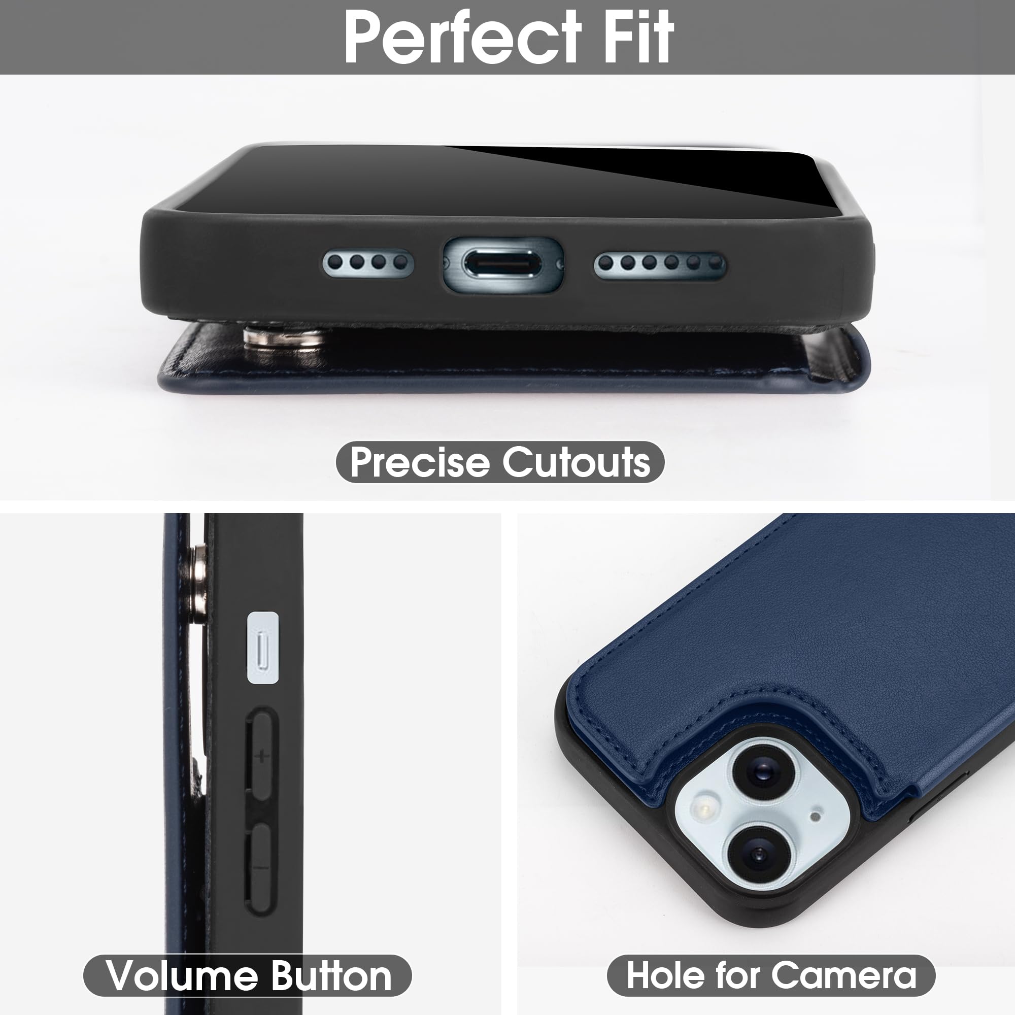 Premium PU Leather Wallet Case for iPhone 15 (6.1 inch) - Slim Flip Cover with Card Slots & RFID Protection - Perfect for Daily Use, Travel & Business (Blue)