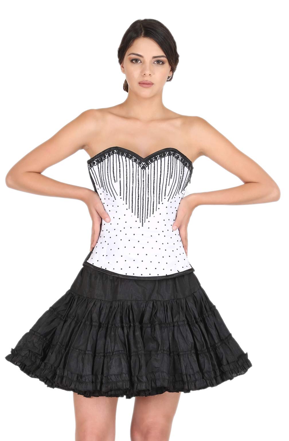 Gothic White Satin Black Sequins Corset Top for Waist Training, Burlesque, and Work | Overbust Shapewear for Women | Perfect for Cosplay, Halloween, and Evening Parties
