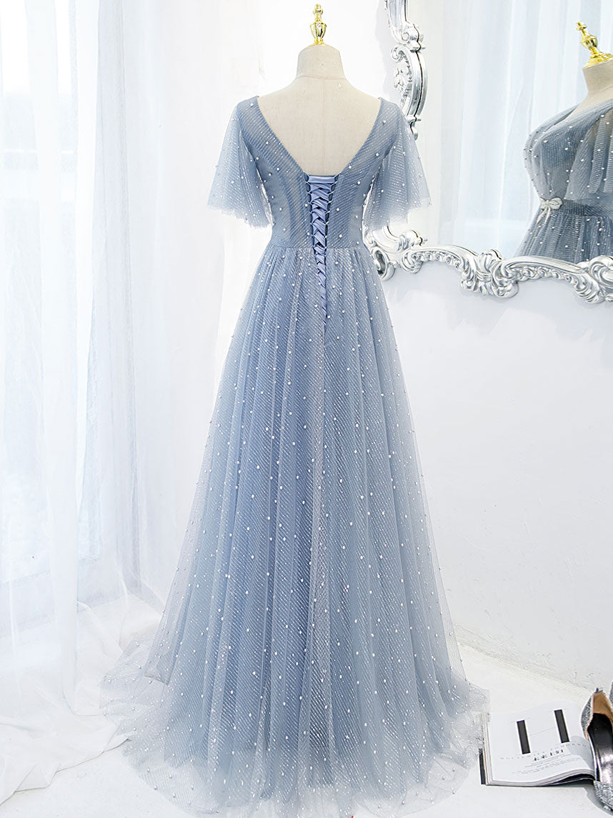 Elegant Blue V-Neck Tulle Beaded Long Prom Dress for Women - Formal Evening Gown for Homecoming, Ball, Wedding & Special Occasions