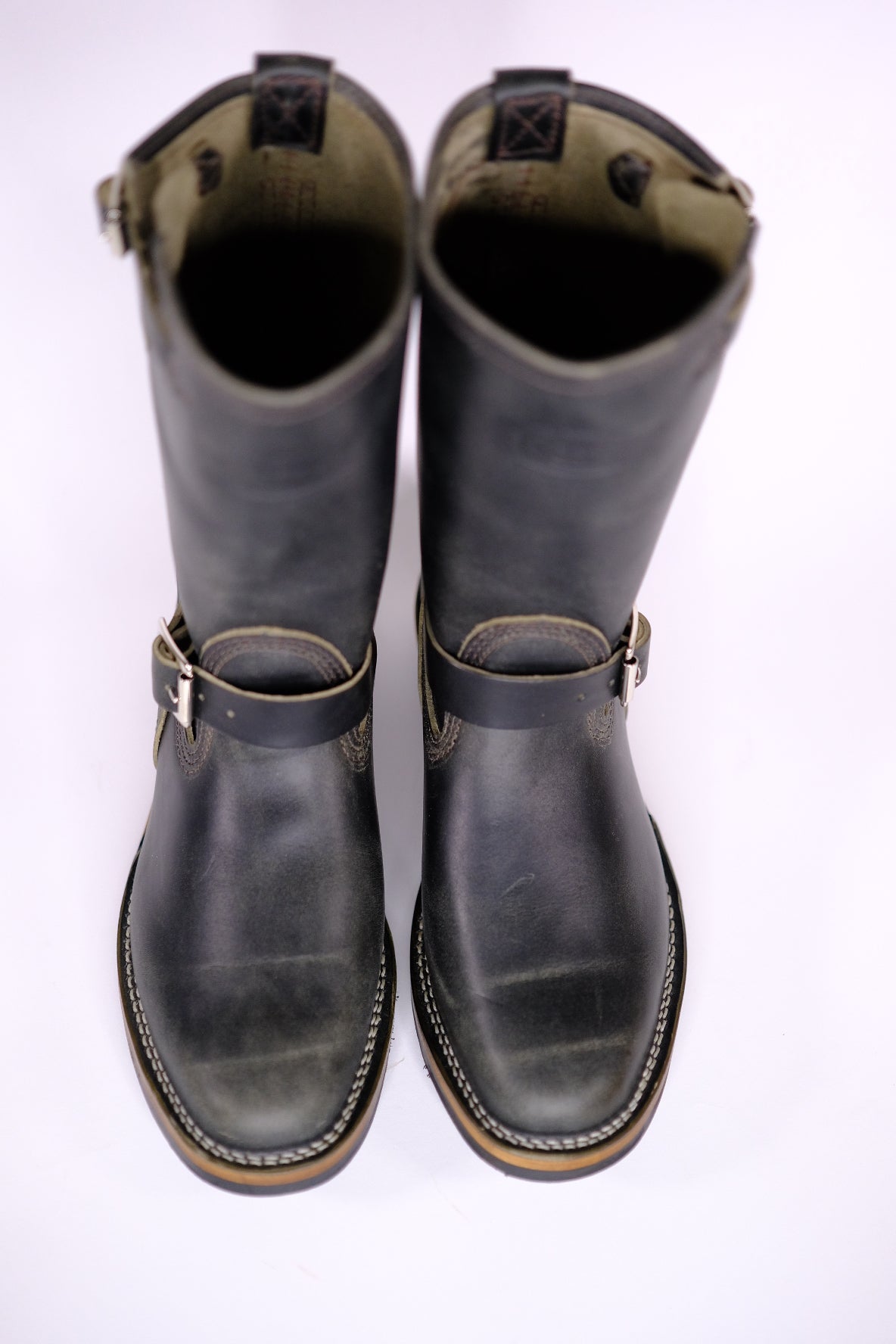 Premium Wesco Boots X The Shop Mister Lou - Petrolio Olive Waxed Black Horsehide Engineer Boots for Men | Durable Work & Motorcycle Riding Footwear
