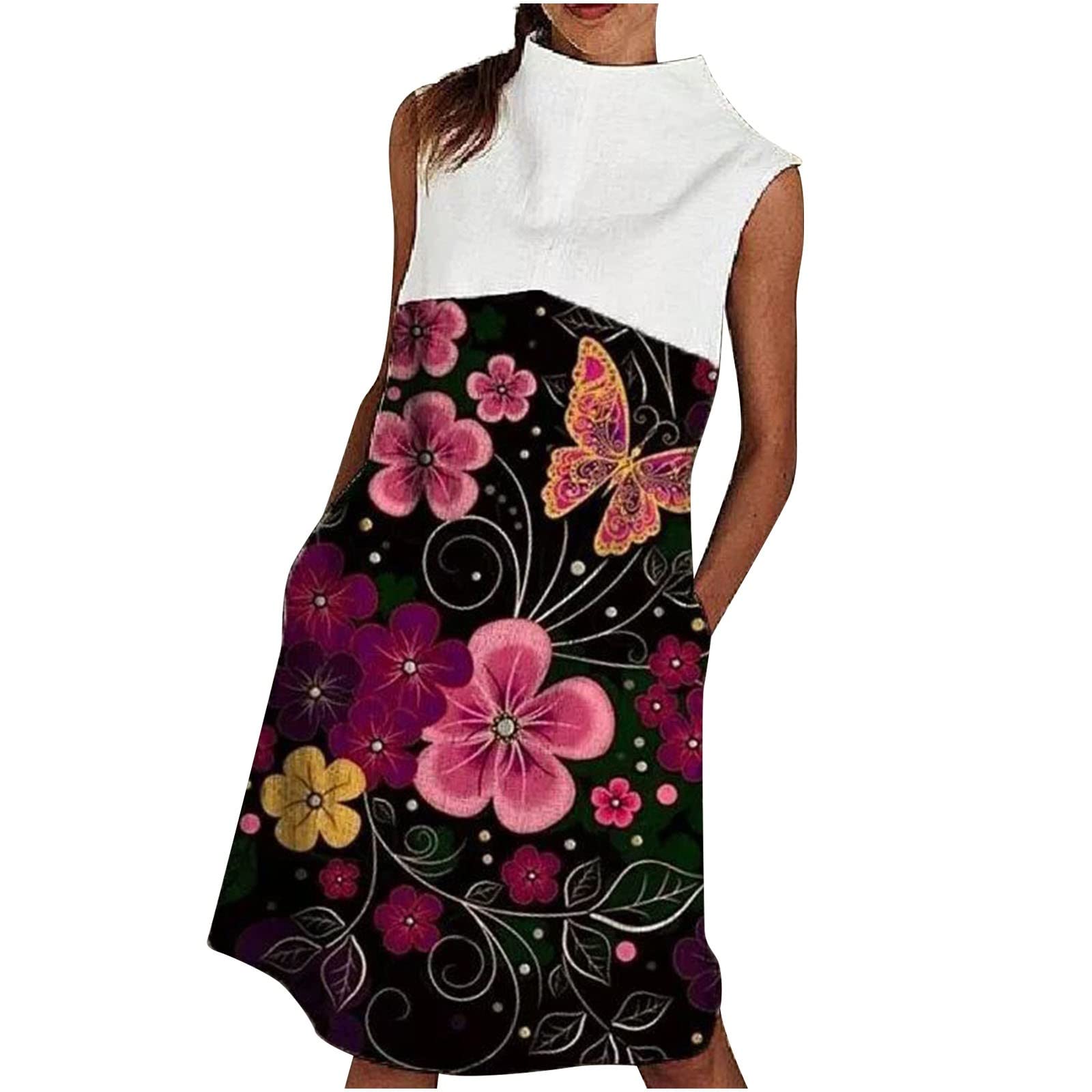 Women's Floral Print Patchwork Mock Neck Sleeveless Midi Dress - Knee Length Shift Dress with Pockets for Casual Wear, Summer Outfits, and Office Attire